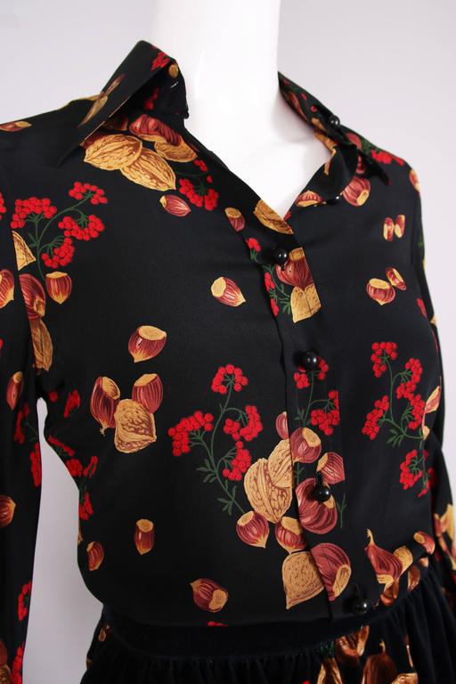 Incredible c. 1972 Original Valentino Three Piece Acorn Print Silk Top, Velvet Skirt & Jacket Set