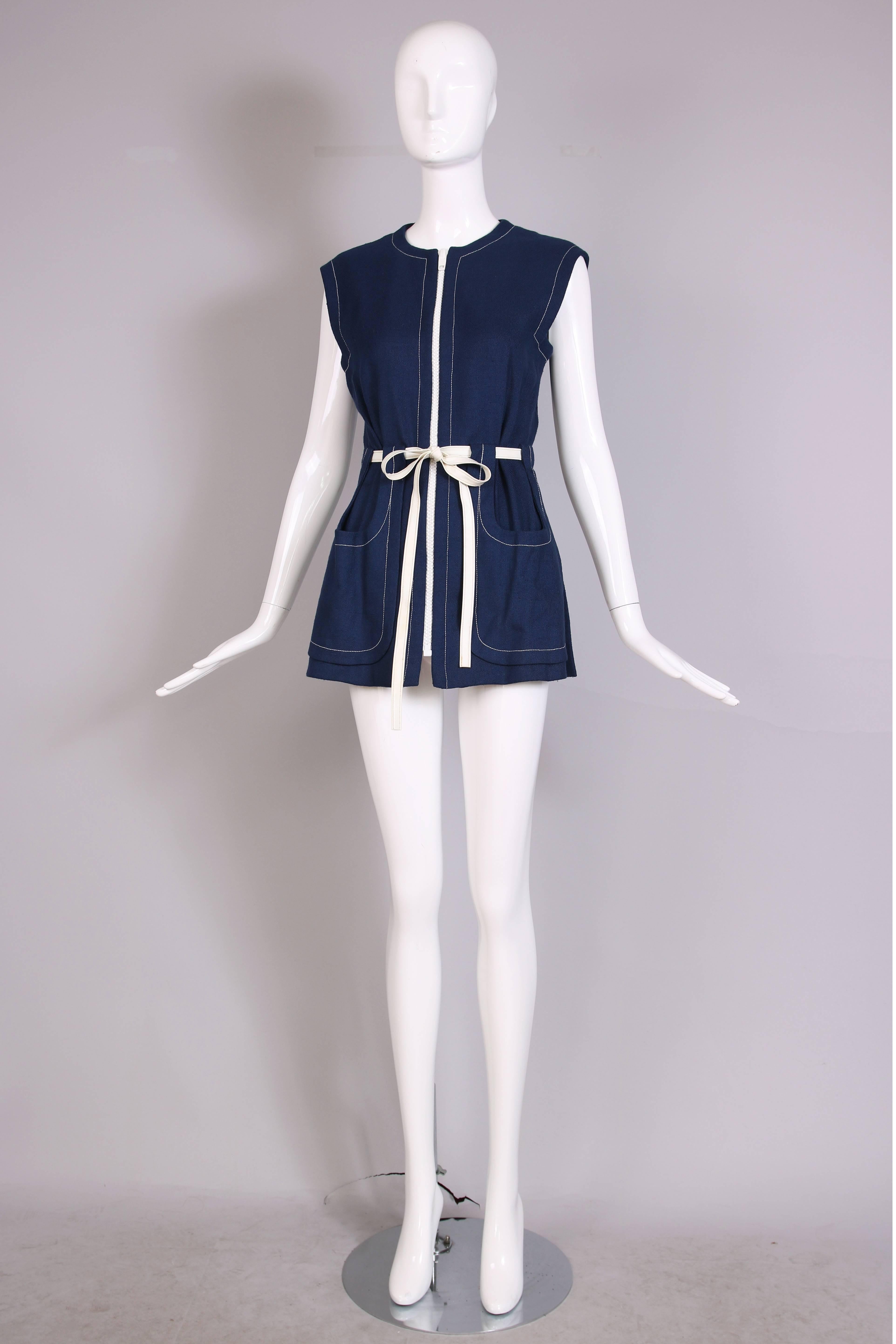 Black 1970's Pierre Cardin Navy Linen Vest W/ White Zipper & Vinyl Belt