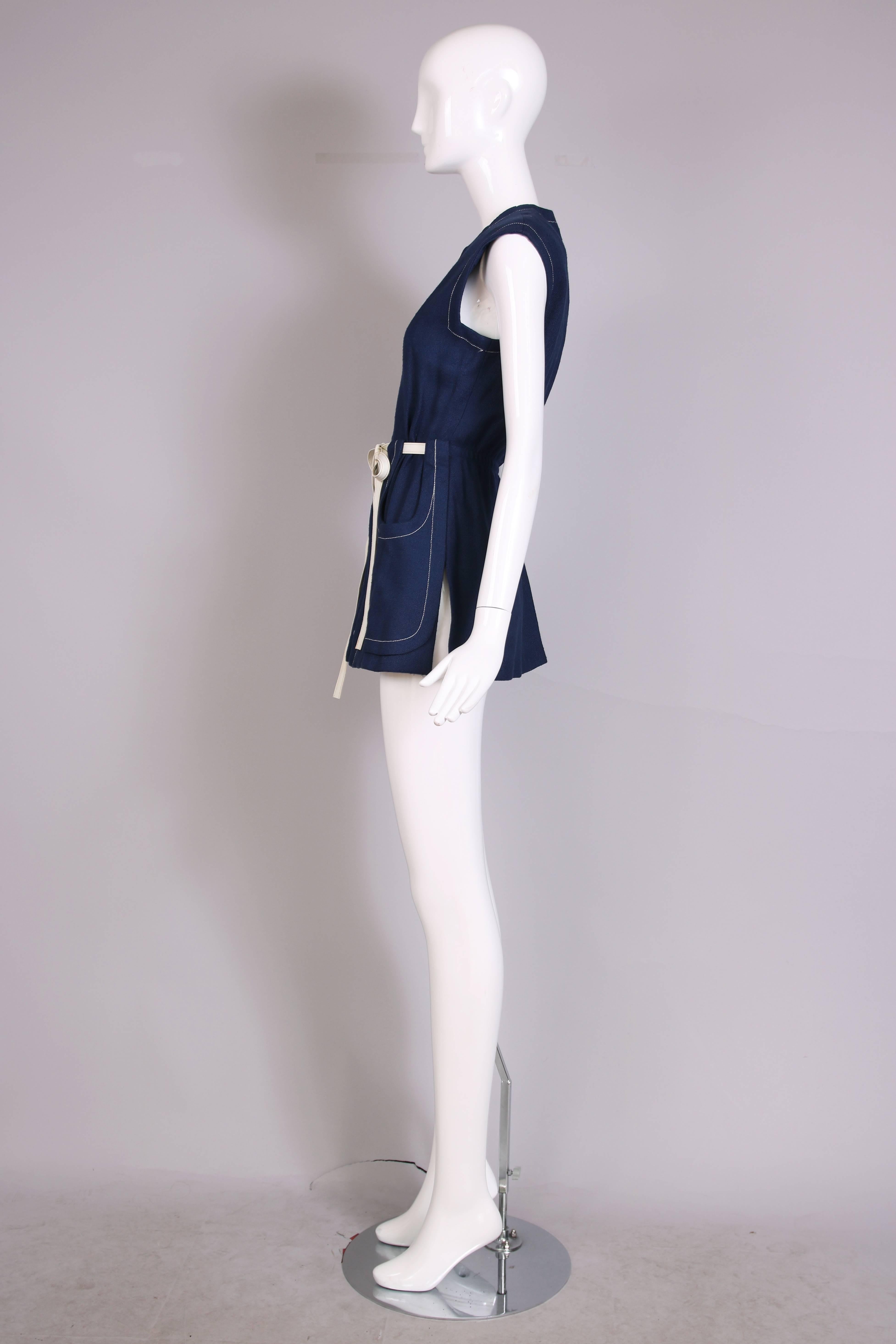 1970's Pierre Cardin Navy Linen Vest W/ White Zipper & Vinyl Belt In Excellent Condition In Studio City, CA