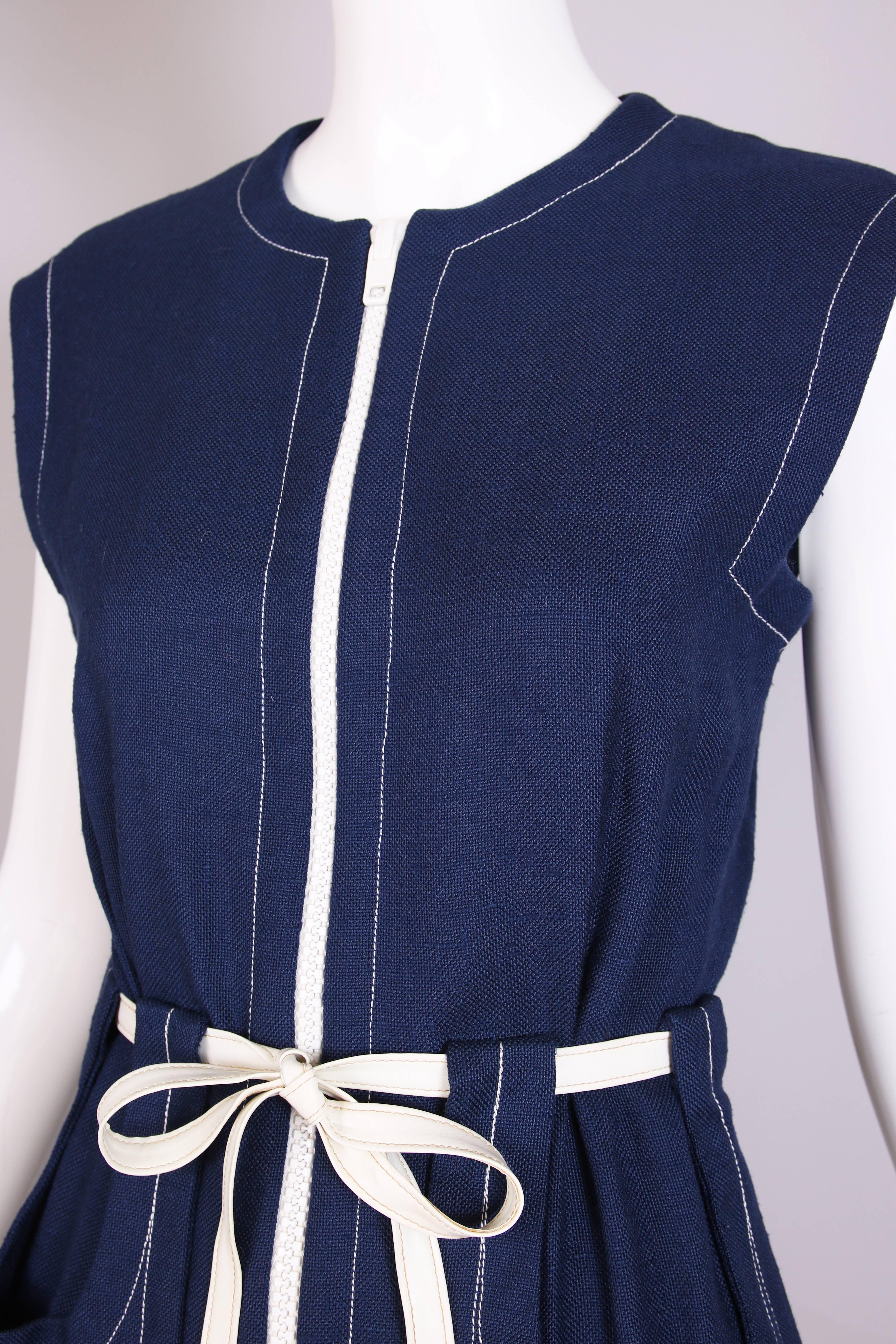 1970's Pierre Cardin Navy Linen Vest W/ White Zipper & Vinyl Belt 3