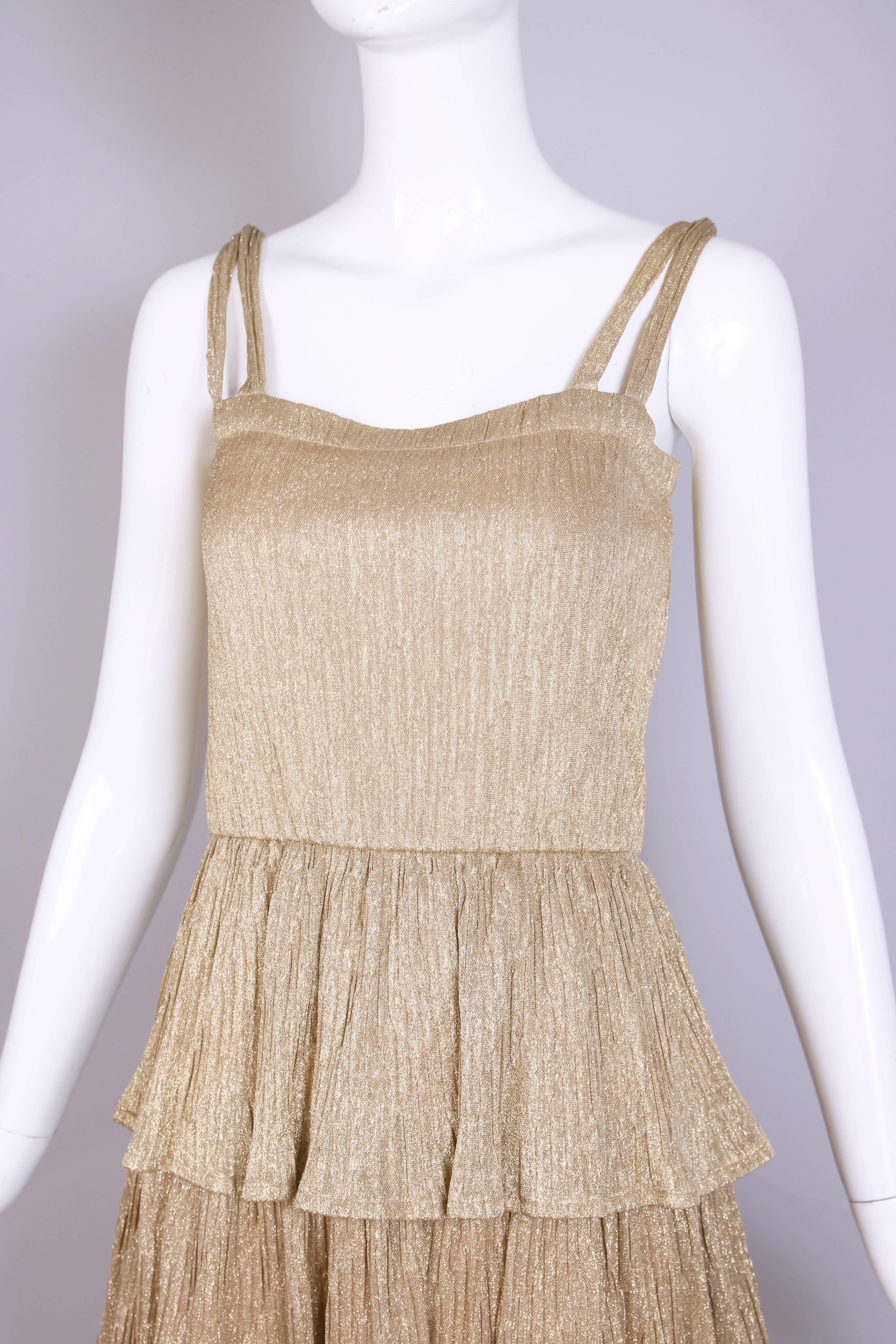 1970's Gold Lurex Multi-Tiered Pleated Party Dress In Excellent Condition For Sale In Studio City, CA