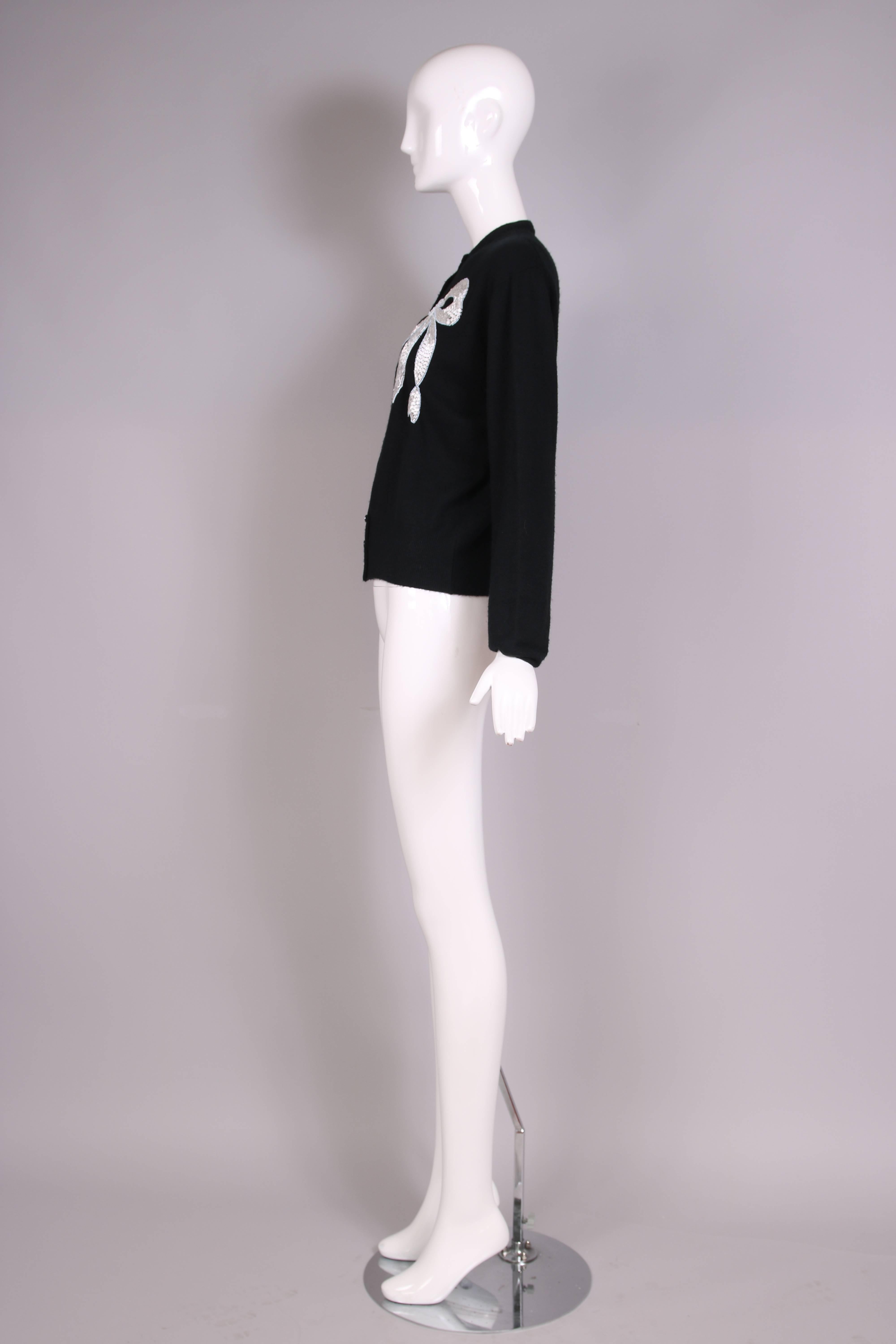 Vintage Schiaparelli Black Cashmere Cardigan Sweater W/Beaded Bow In Excellent Condition In Studio City, CA