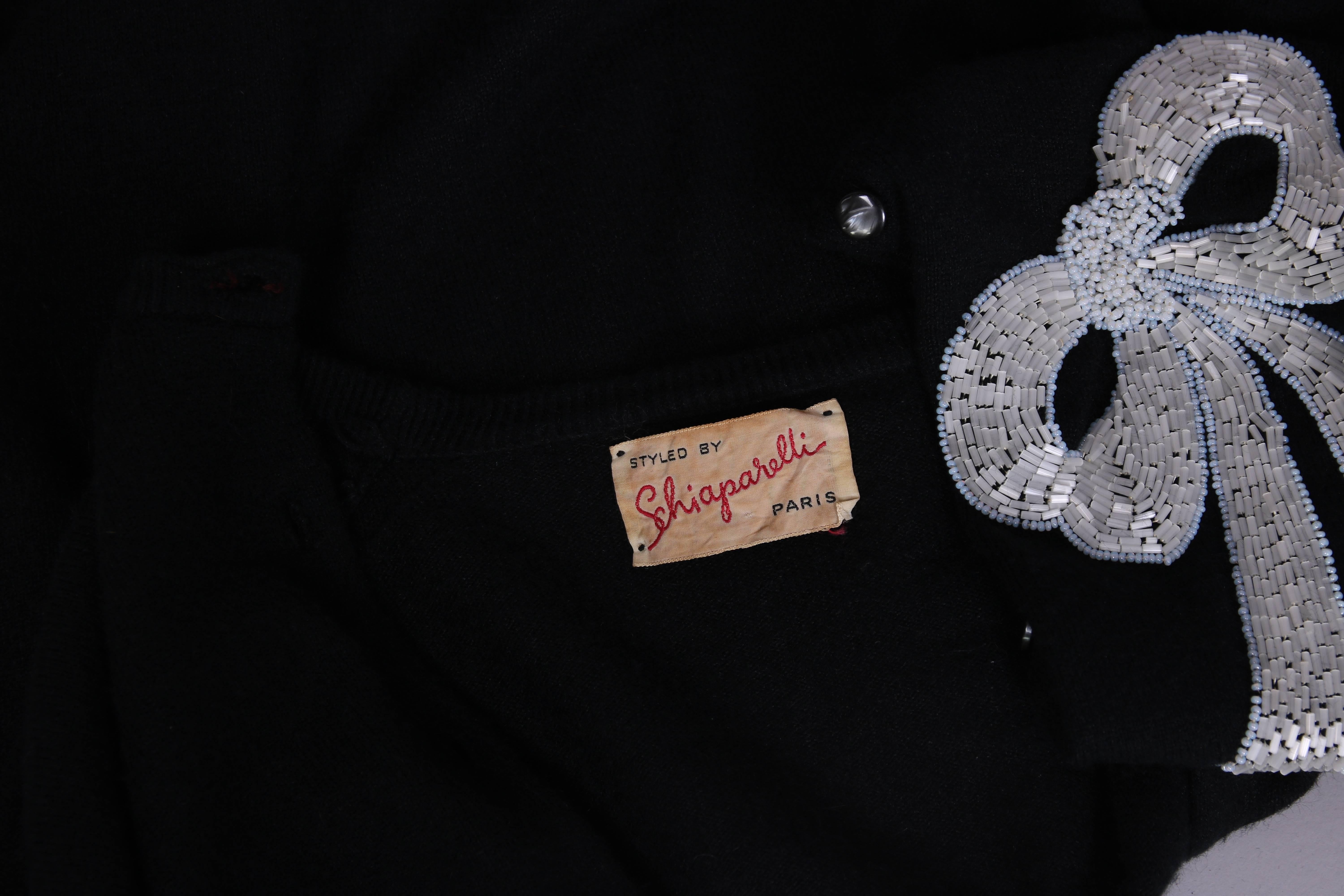 Vintage Schiaparelli Black Cashmere Cardigan Sweater W/Beaded Bow  2
