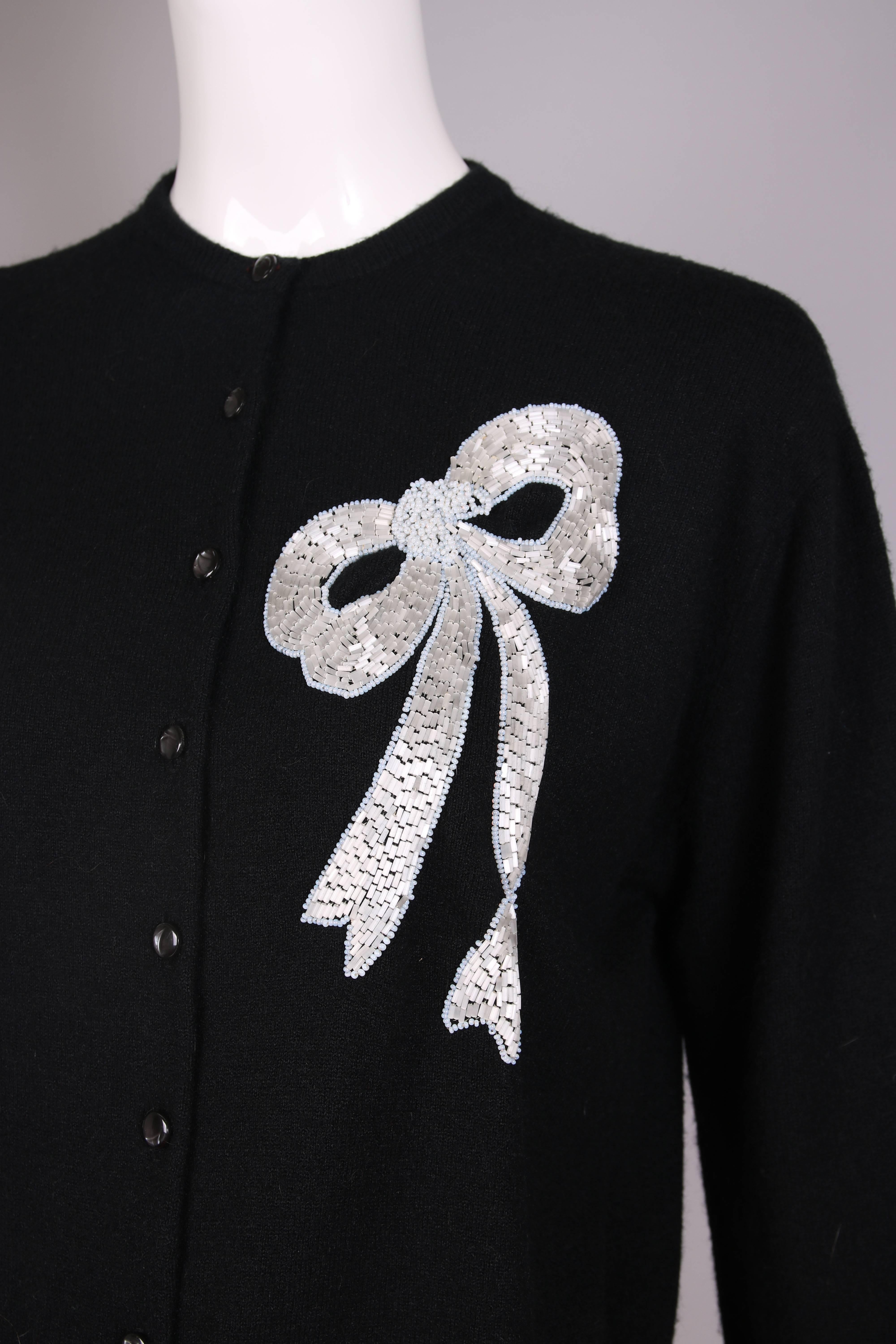 Vintage Schiaparelli Black Cashmere Cardigan Sweater W/Beaded Bow  1
