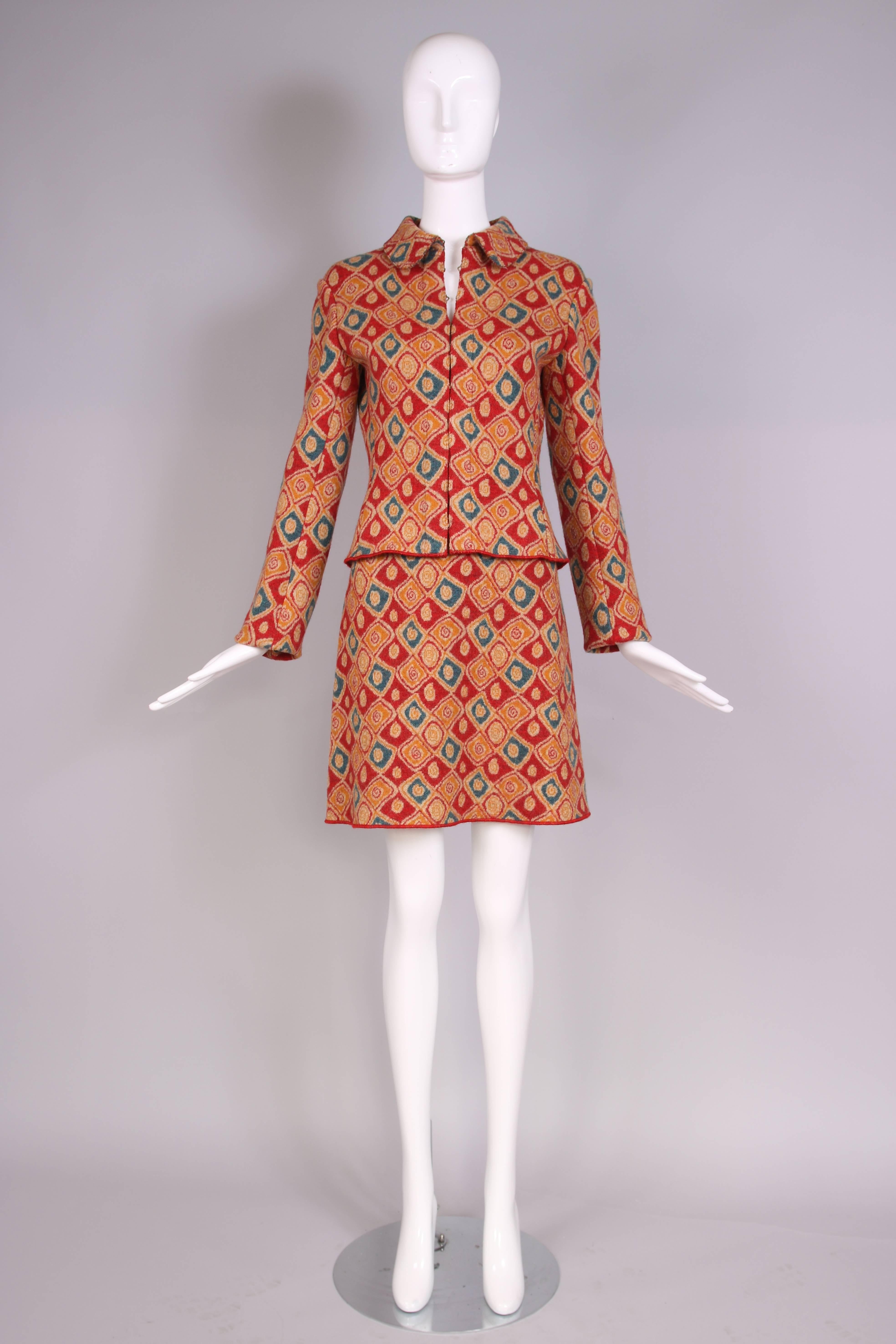 Orange Alaia Multi-Colored Geometric Print Wool Sweater & Skirt Ensemble