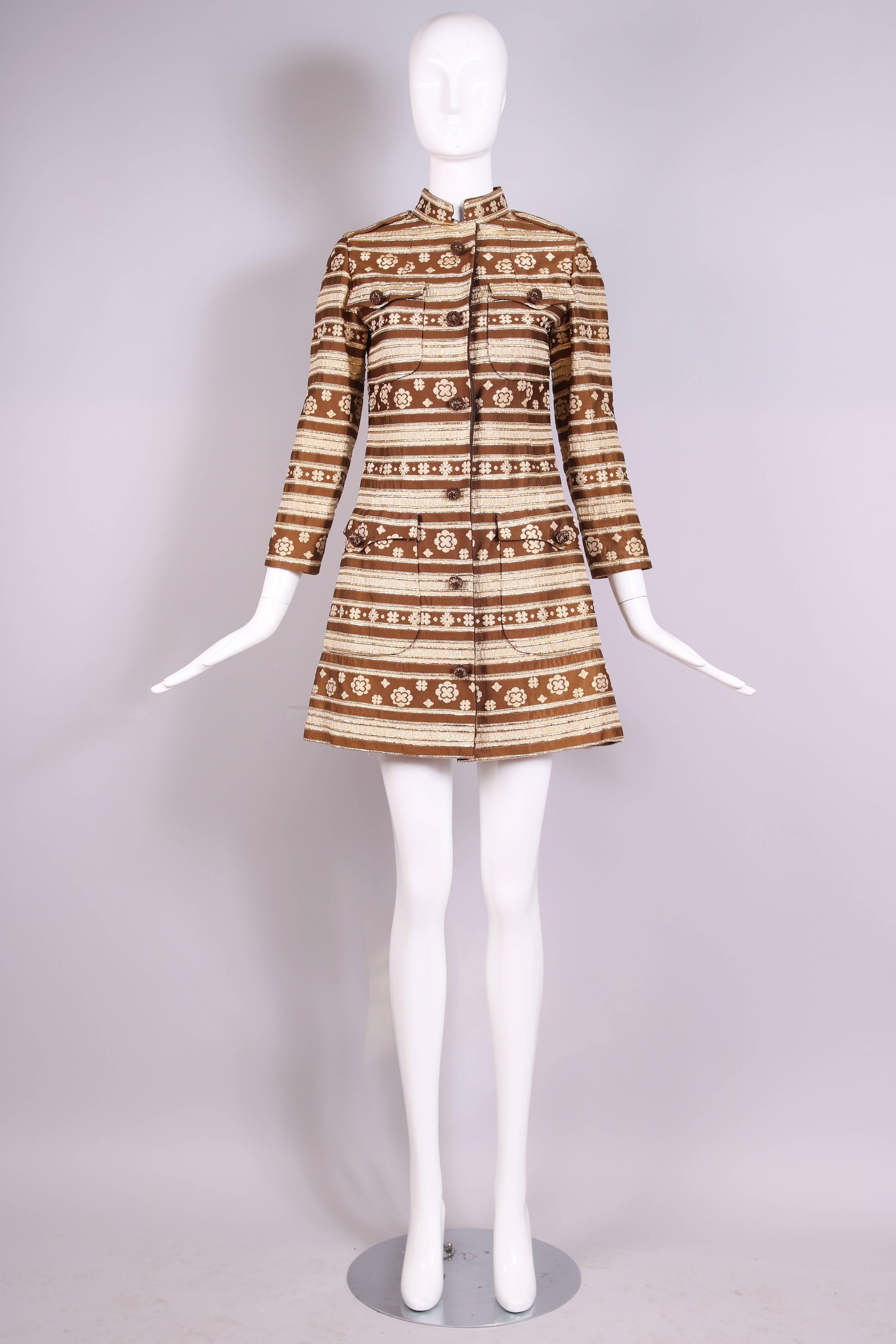 1960's Bill Blass Brown & Gold Lurex Stripped A-line Coat In Excellent Condition In Studio City, CA