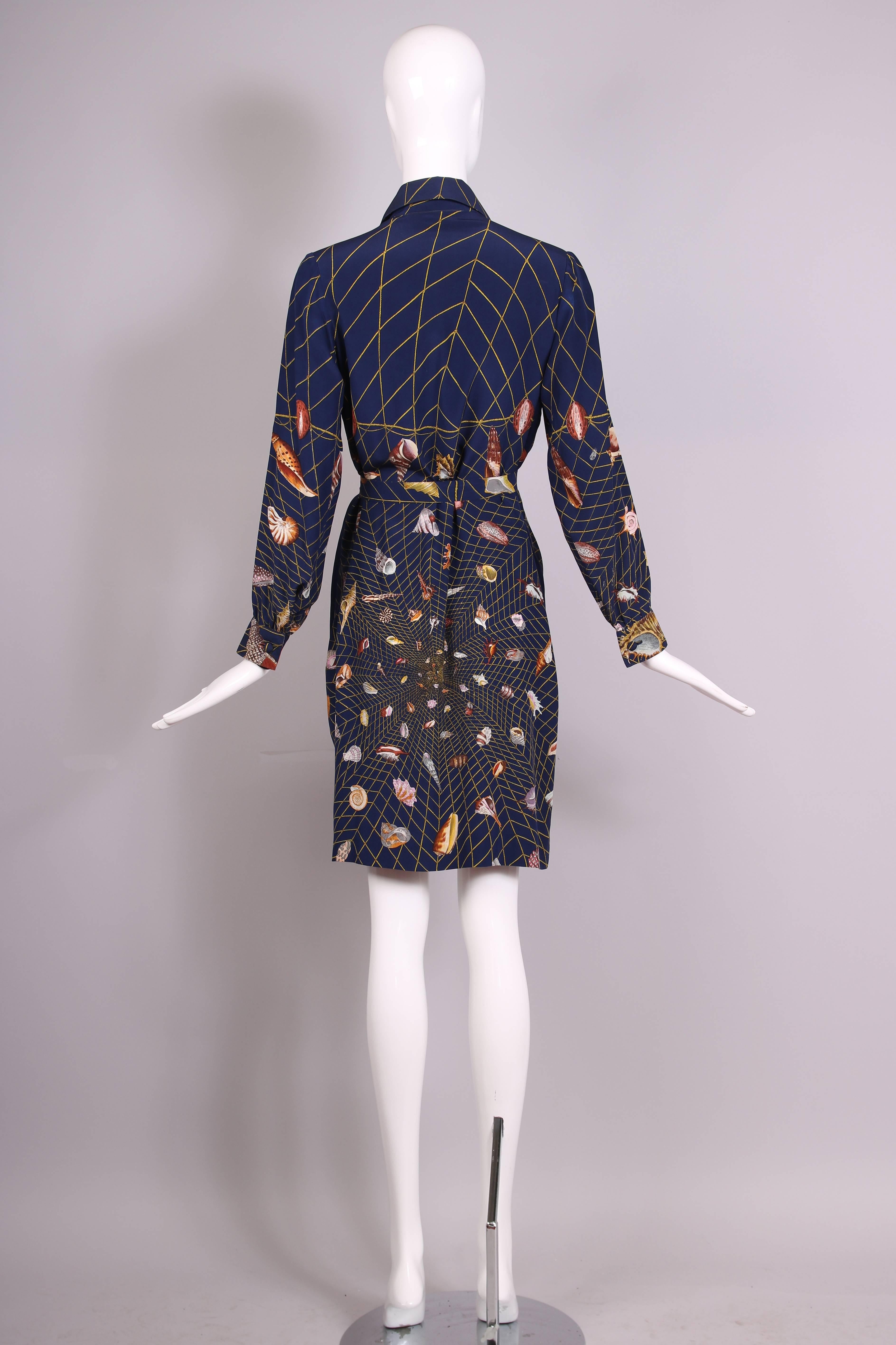 Women's 1970's Gucci Graphic Silk Belted Shirtdress W/Iconic Shell Print