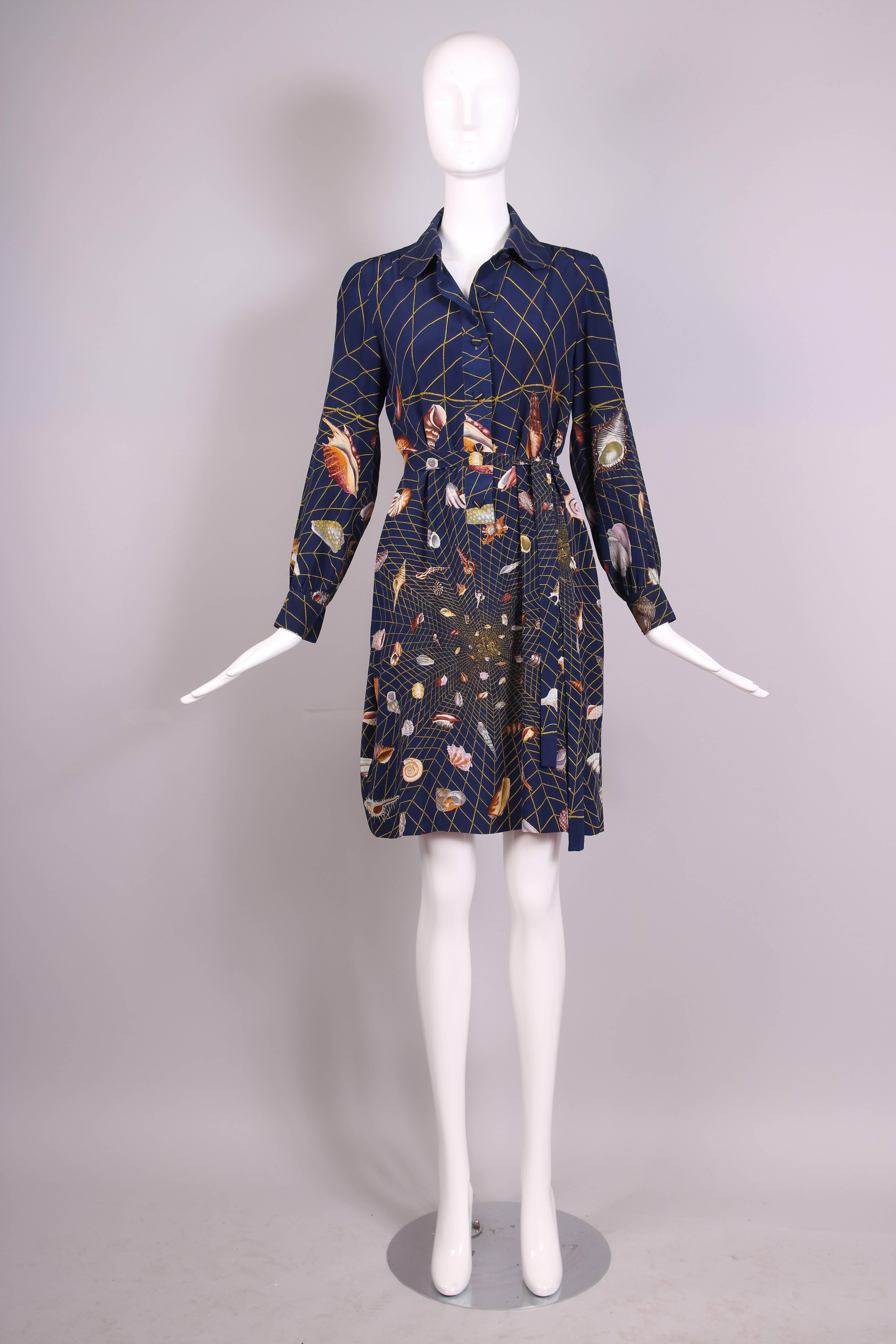 Black 1970's Gucci Graphic Silk Belted Shirtdress W/Iconic Shell Print