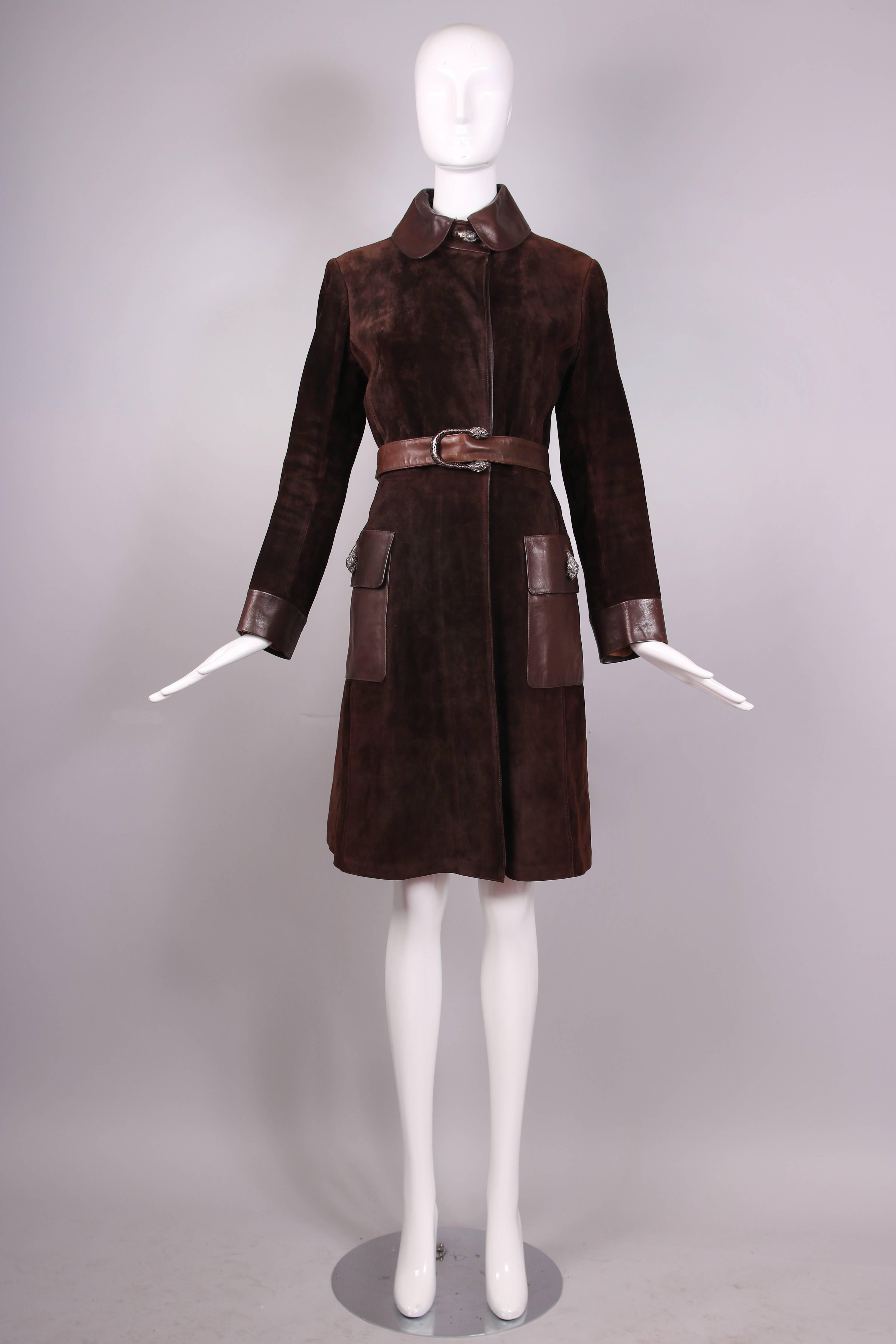 Black 1970s Gucci Brown Suede & Leather Trim Coat W/Sterling Silver Tiger head Details