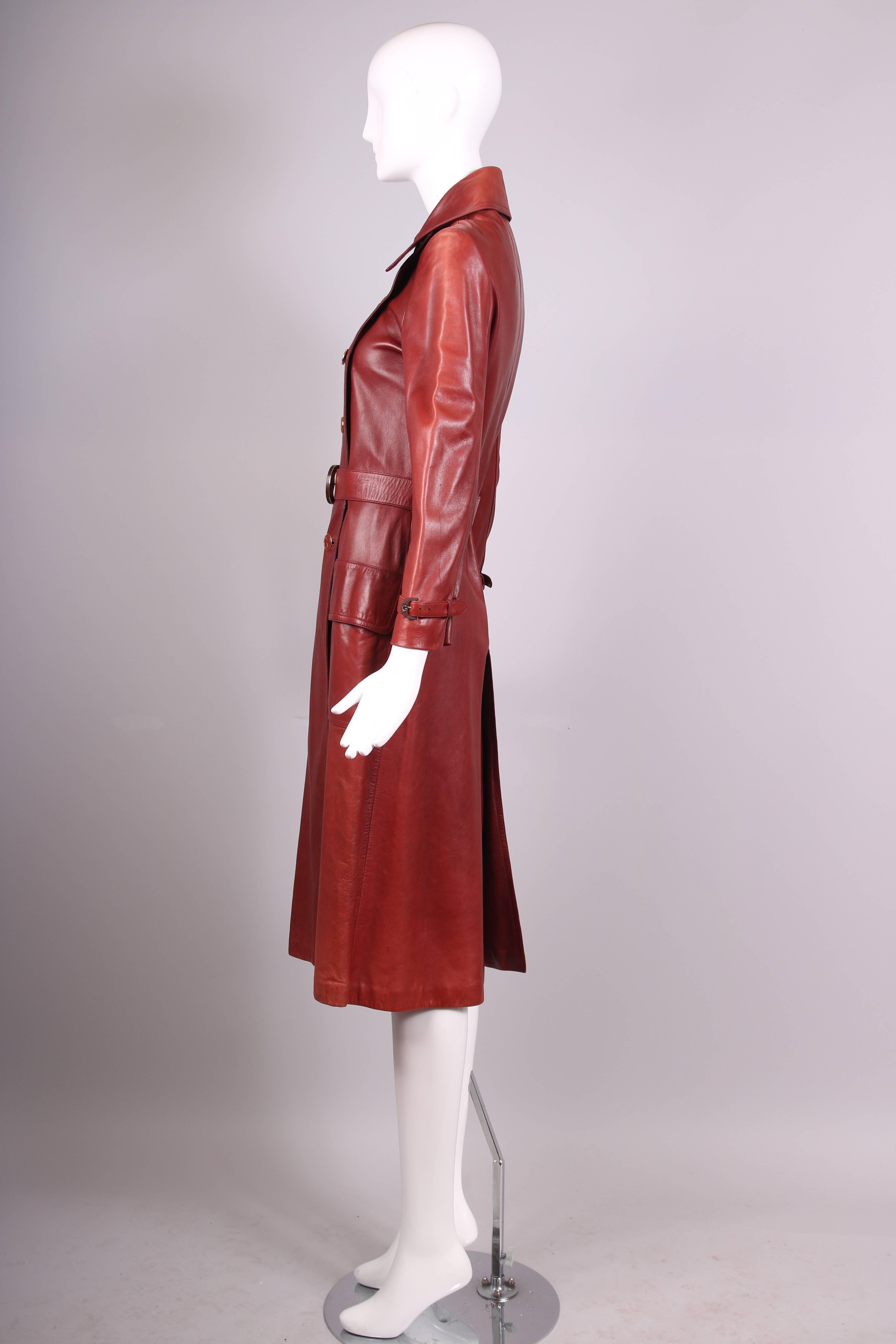1970's Gucci Burgundy Soft Leather Coat W/Glazed GG Logo Buttons & Belt  In Excellent Condition In Studio City, CA