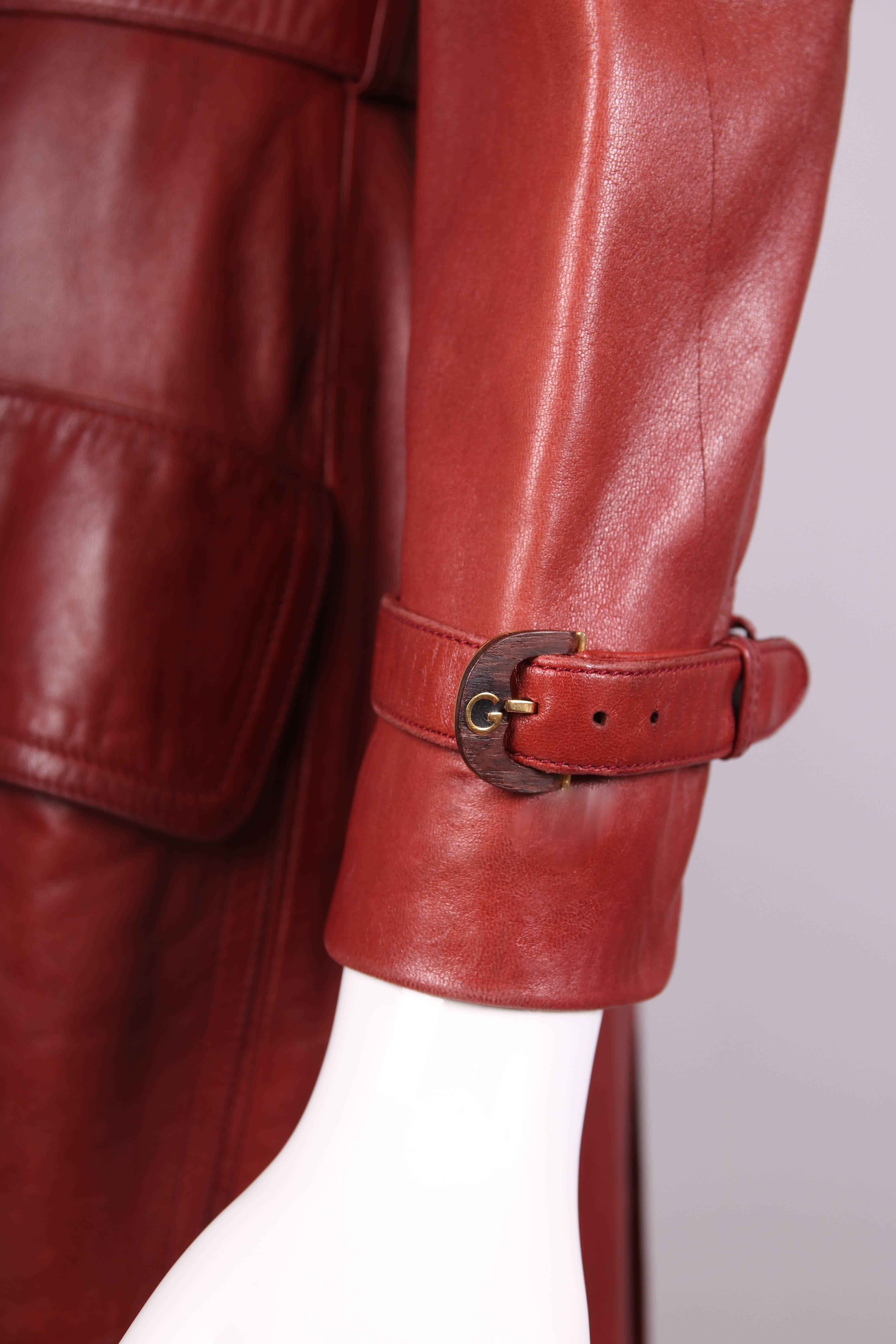1970's Gucci Burgundy Soft Leather Coat W/Glazed GG Logo Buttons & Belt  1