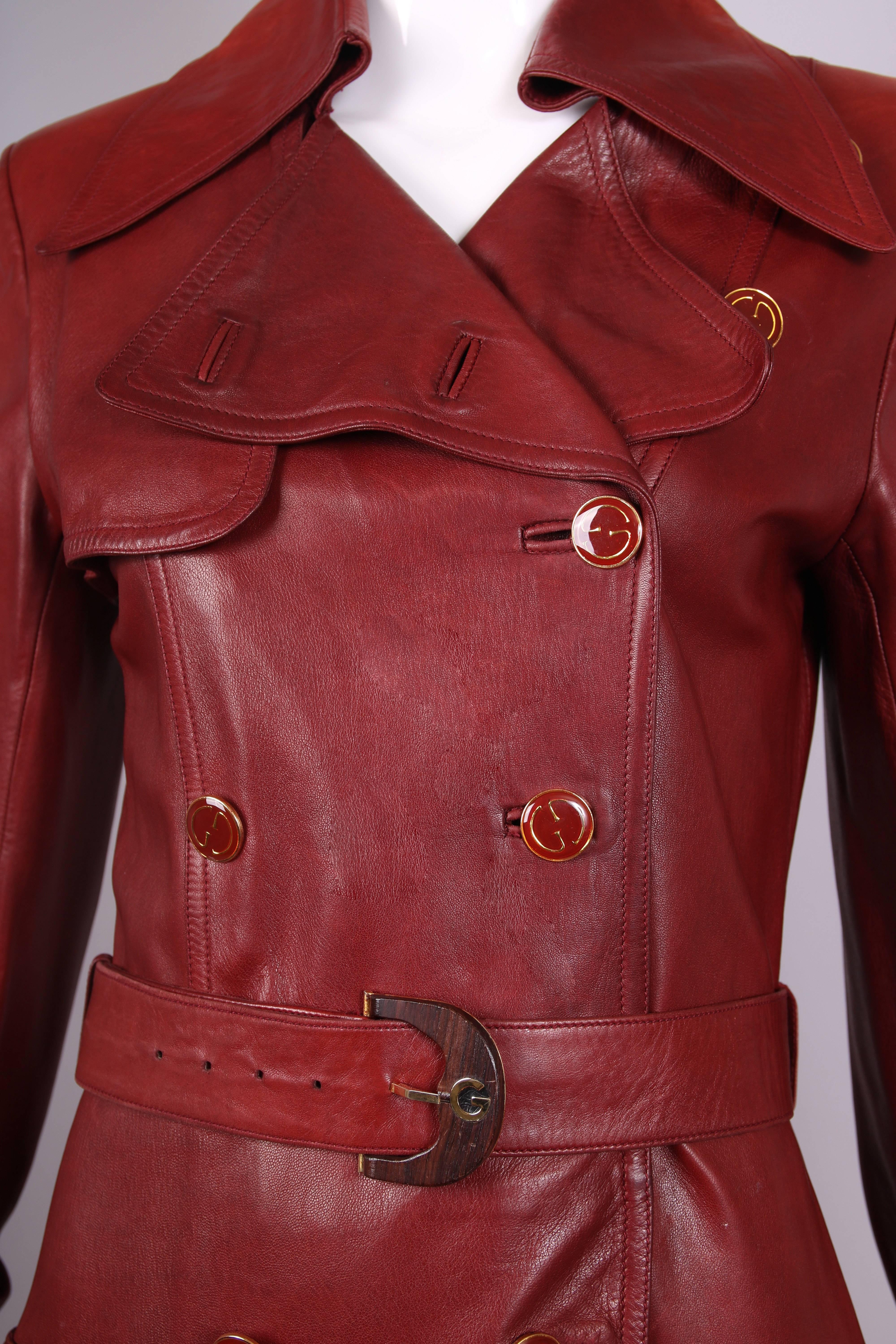 1970's Gucci Burgundy Soft Leather Coat W/Glazed GG Logo Buttons & Belt  2
