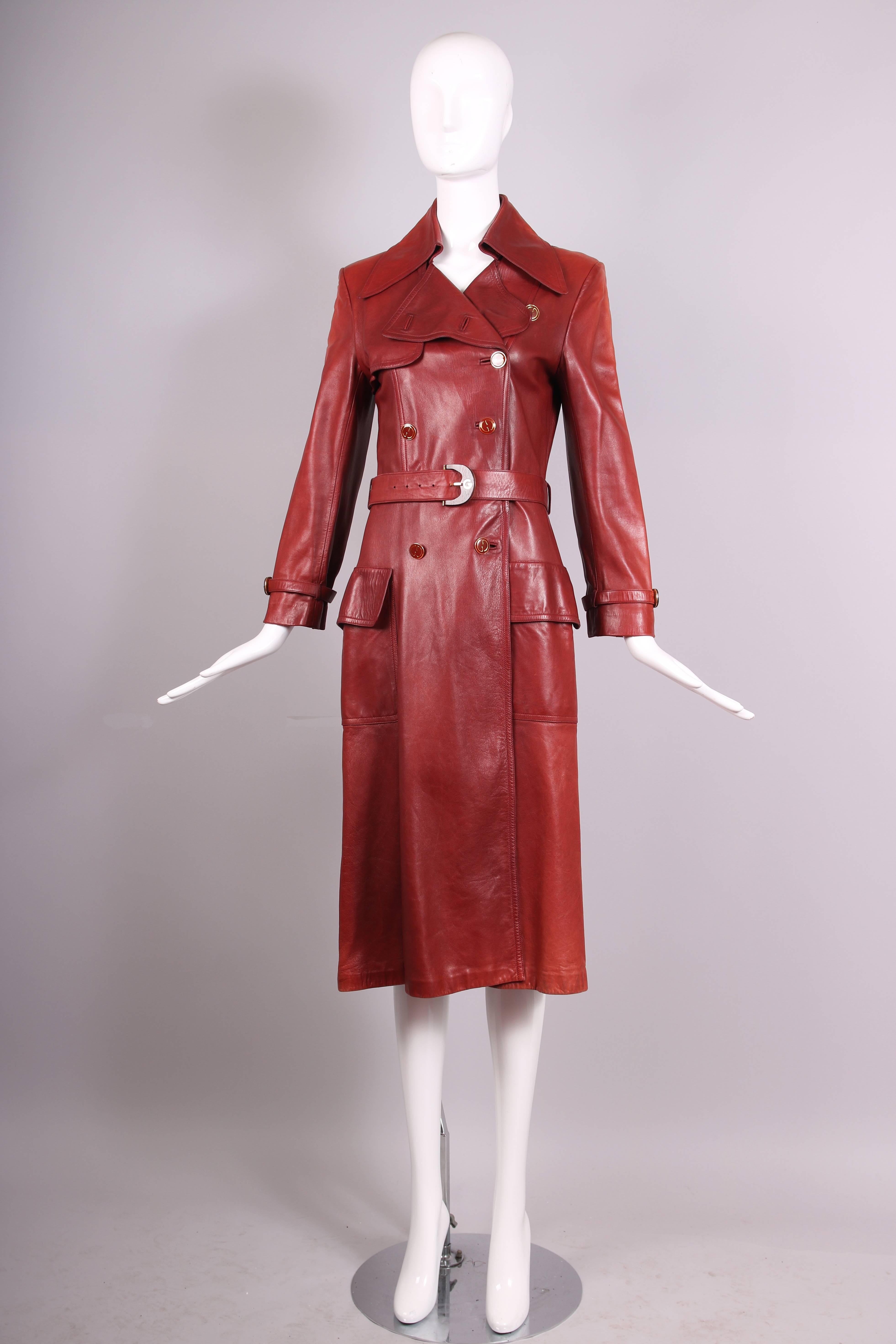 Red 1970's Gucci Burgundy Soft Leather Coat W/Glazed GG Logo Buttons & Belt 