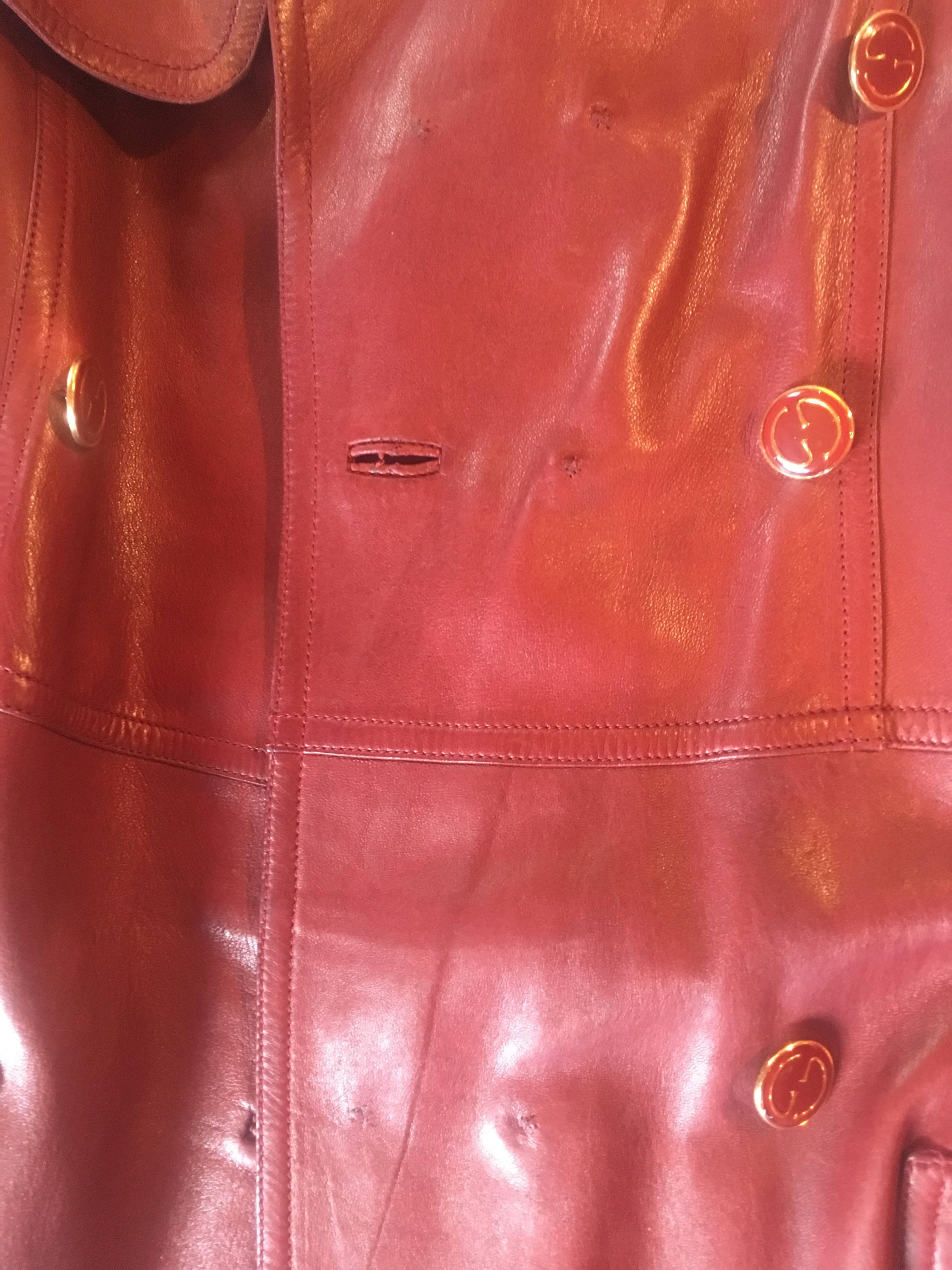 1970's Gucci Burgundy Soft Leather Coat W/Glazed GG Logo Buttons & Belt  3