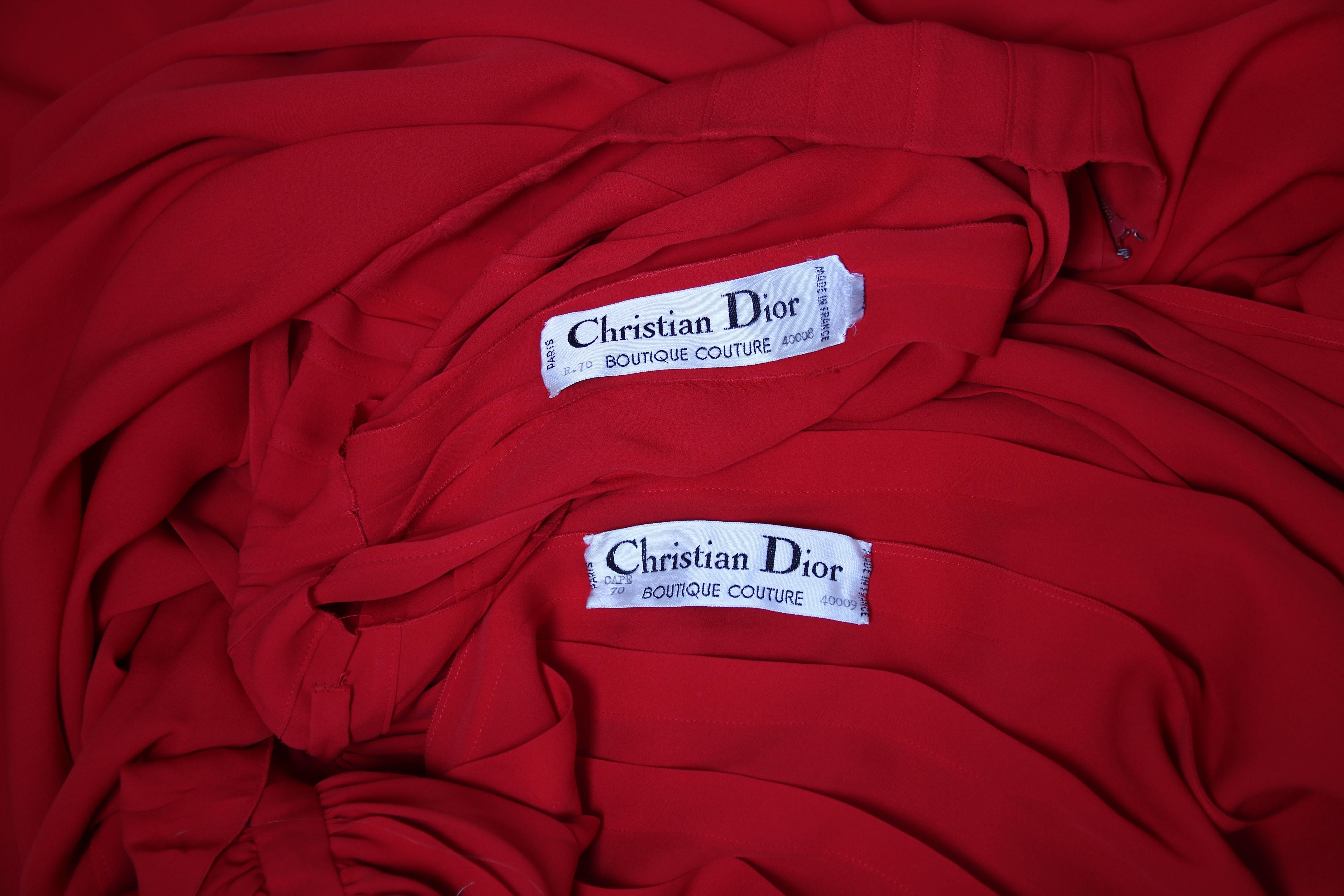 1970 Christian Dior Demi-Couture Red Silk Maxi Dress & Cape Ensemble No. 40008 4