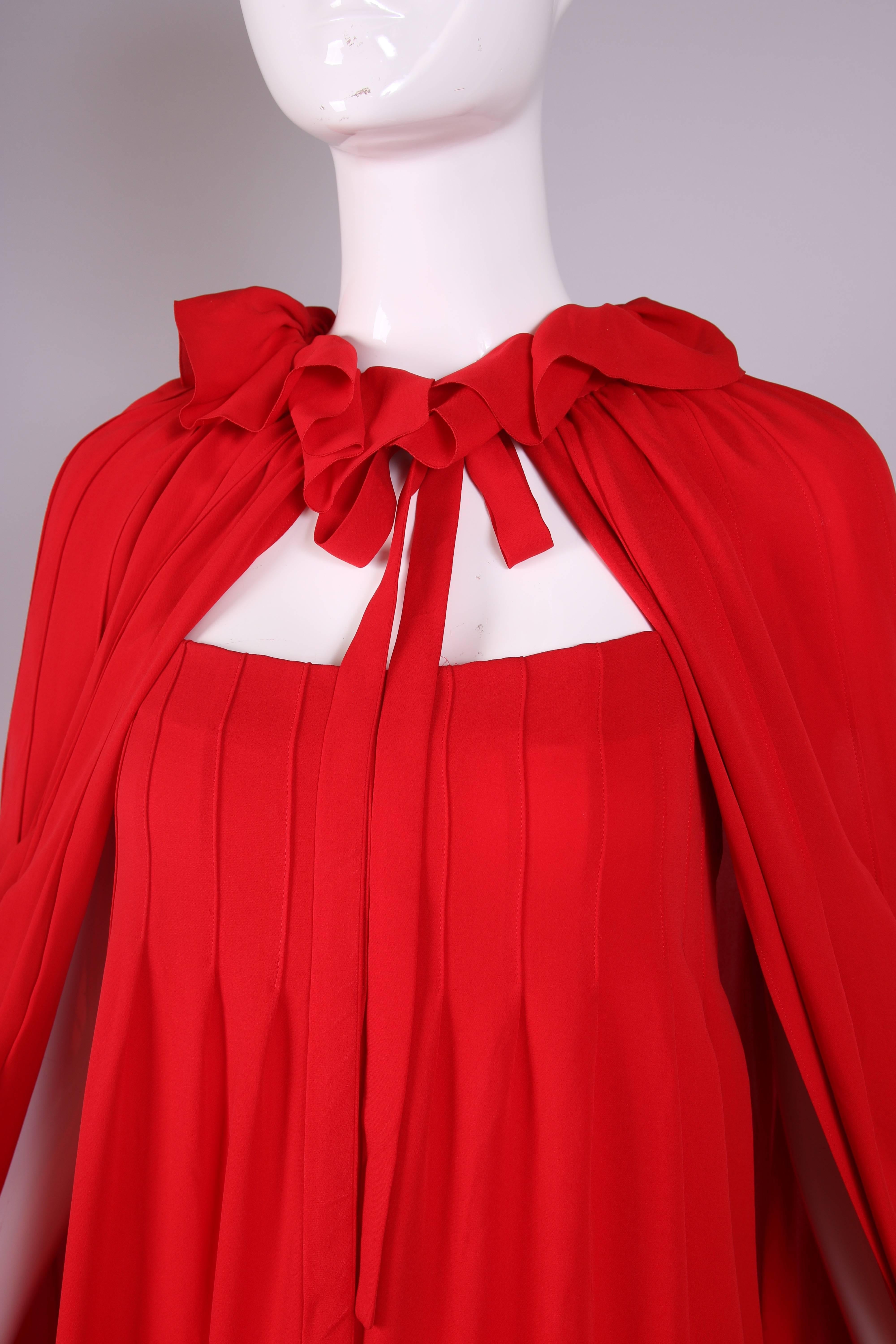 1970 Christian Dior Demi-Couture Red Silk Maxi Dress & Cape Ensemble No. 40008 3