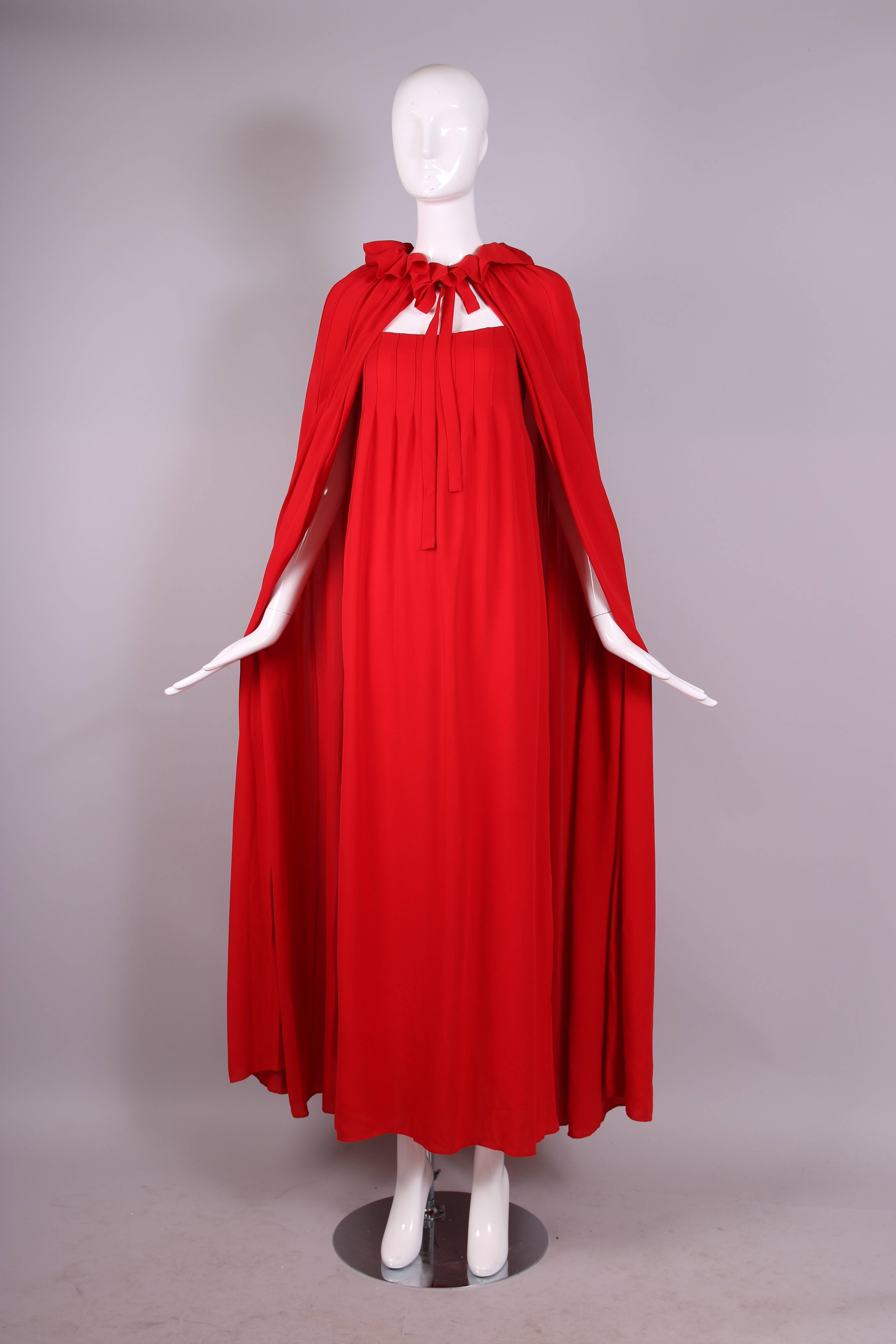 1970 Christian Dior Demi-Couture Red Silk Maxi Dress & Cape Ensemble No. 40008 In Excellent Condition In Studio City, CA