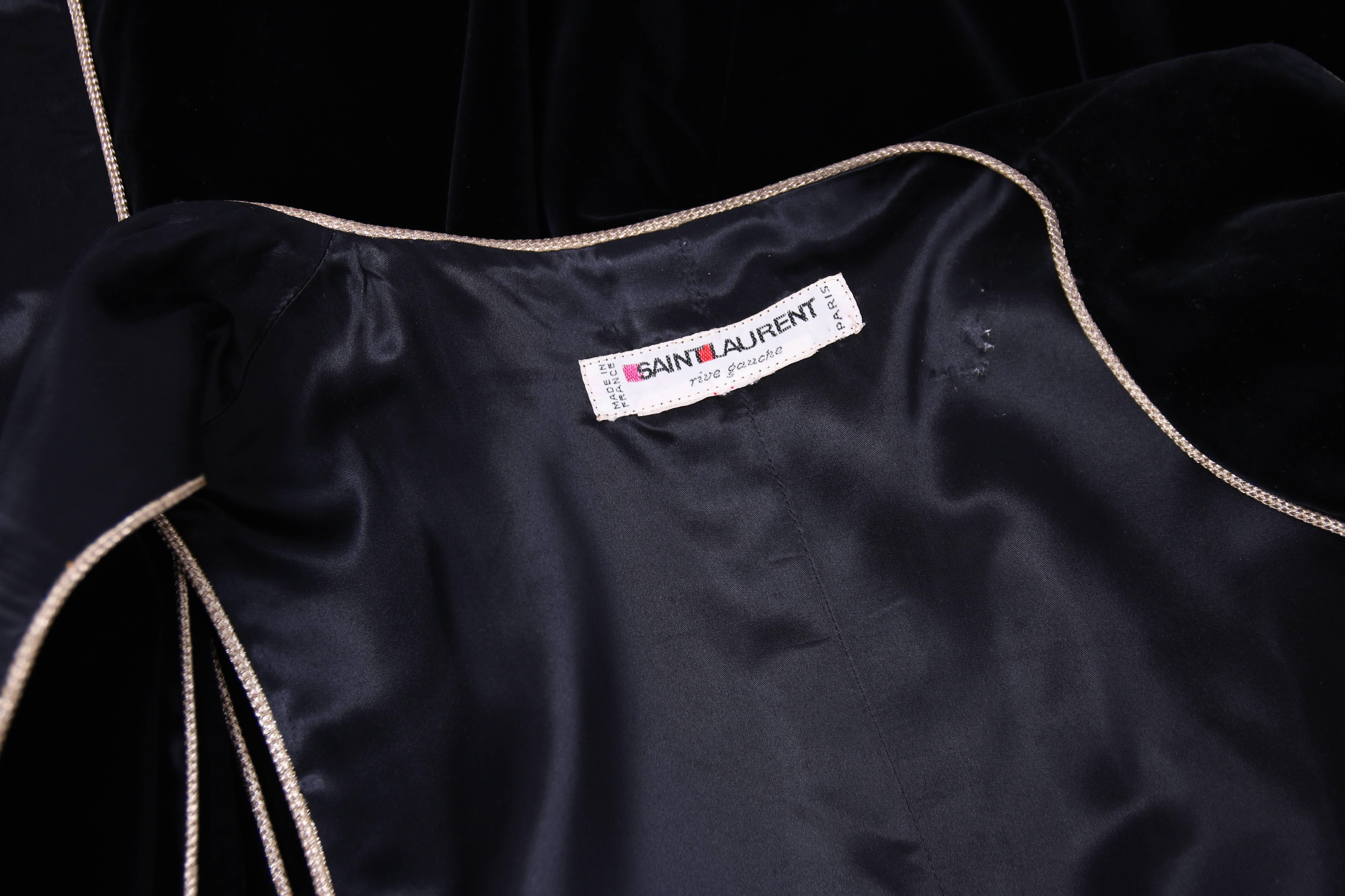 1976/1977 Yves Saint Laurent YSL Black Velvet Tunic Vest w/Gold Lurex Trim 2