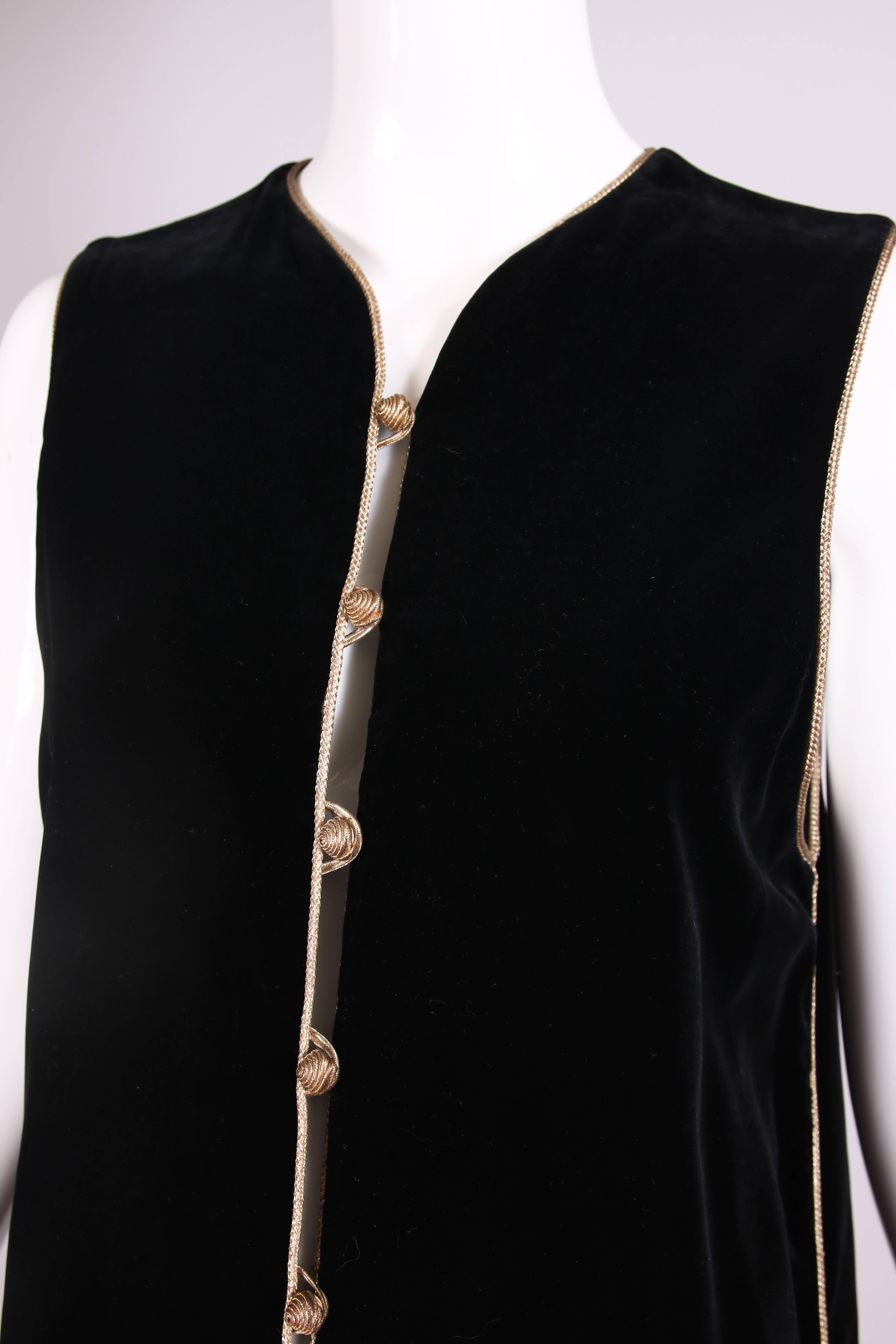 1976/1977 Yves Saint Laurent YSL Black Velvet Tunic Vest w/Gold Lurex Trim 1