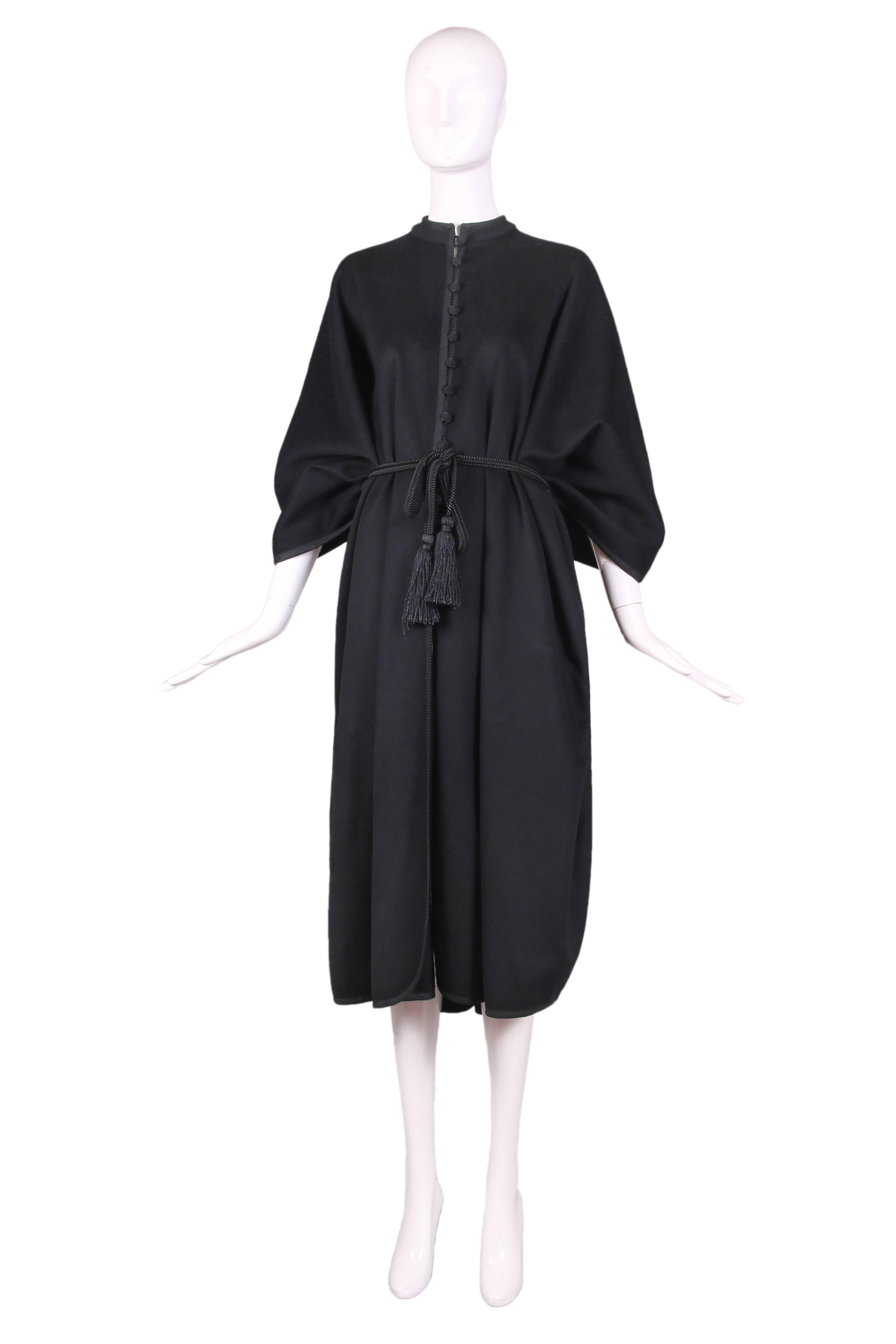 Black Yves Saint Laurent YSL Wool Cape w/Braided Silk Belt & Tassle Trim Ca. 1979