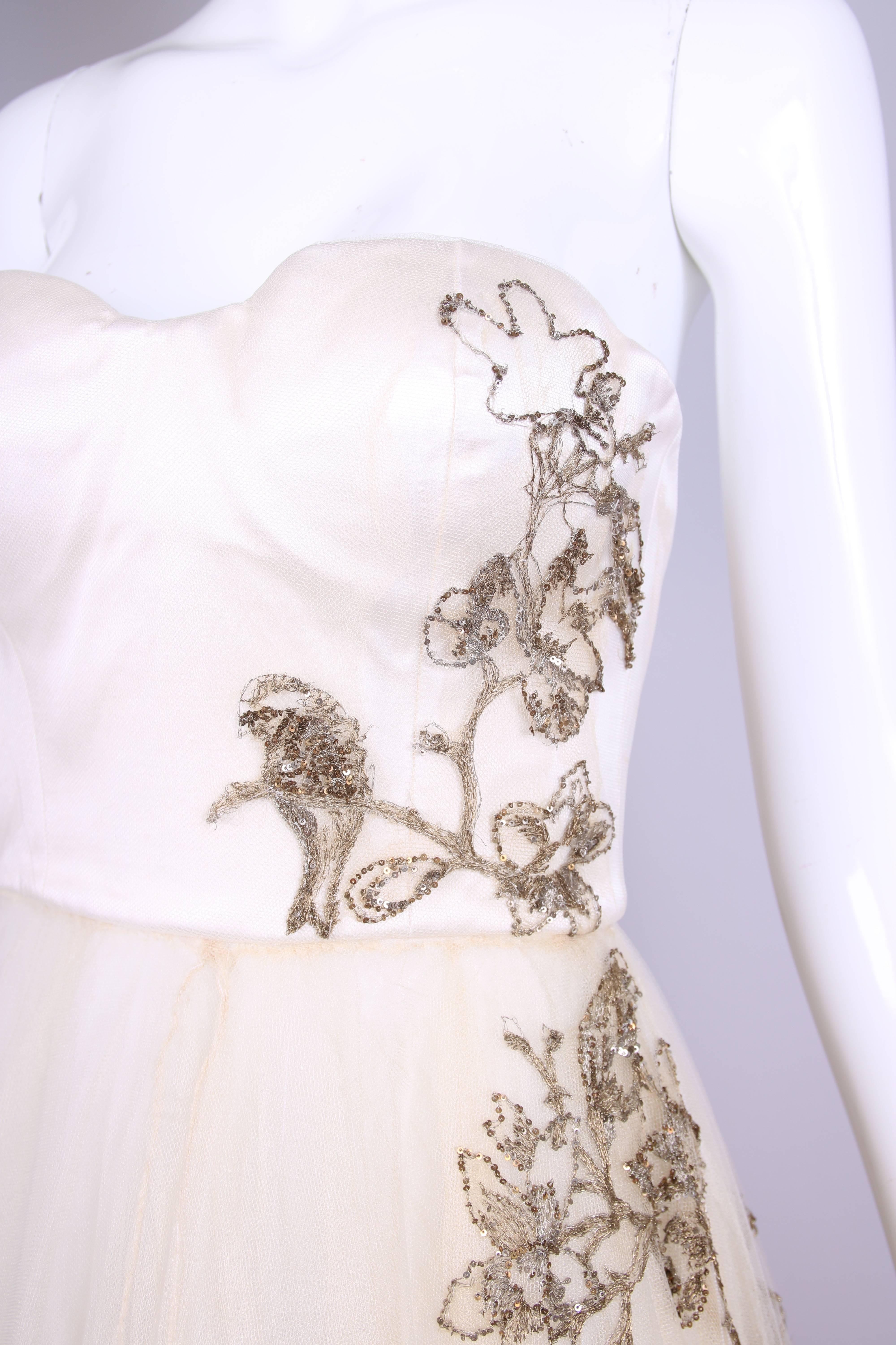 Beige 2008 F/W Alexander McQueen Gold Embroidered Strapless Tulle & Satin Dress For Sale