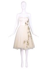 2008 F/W Alexander McQueen Gold Embroidered Strapless Tulle & Satin Dress