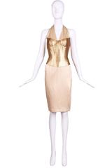 Thierry Mugler Silk Halter Dress W/Gold Bodice & Creme Colored Faux-Wrap Skirt