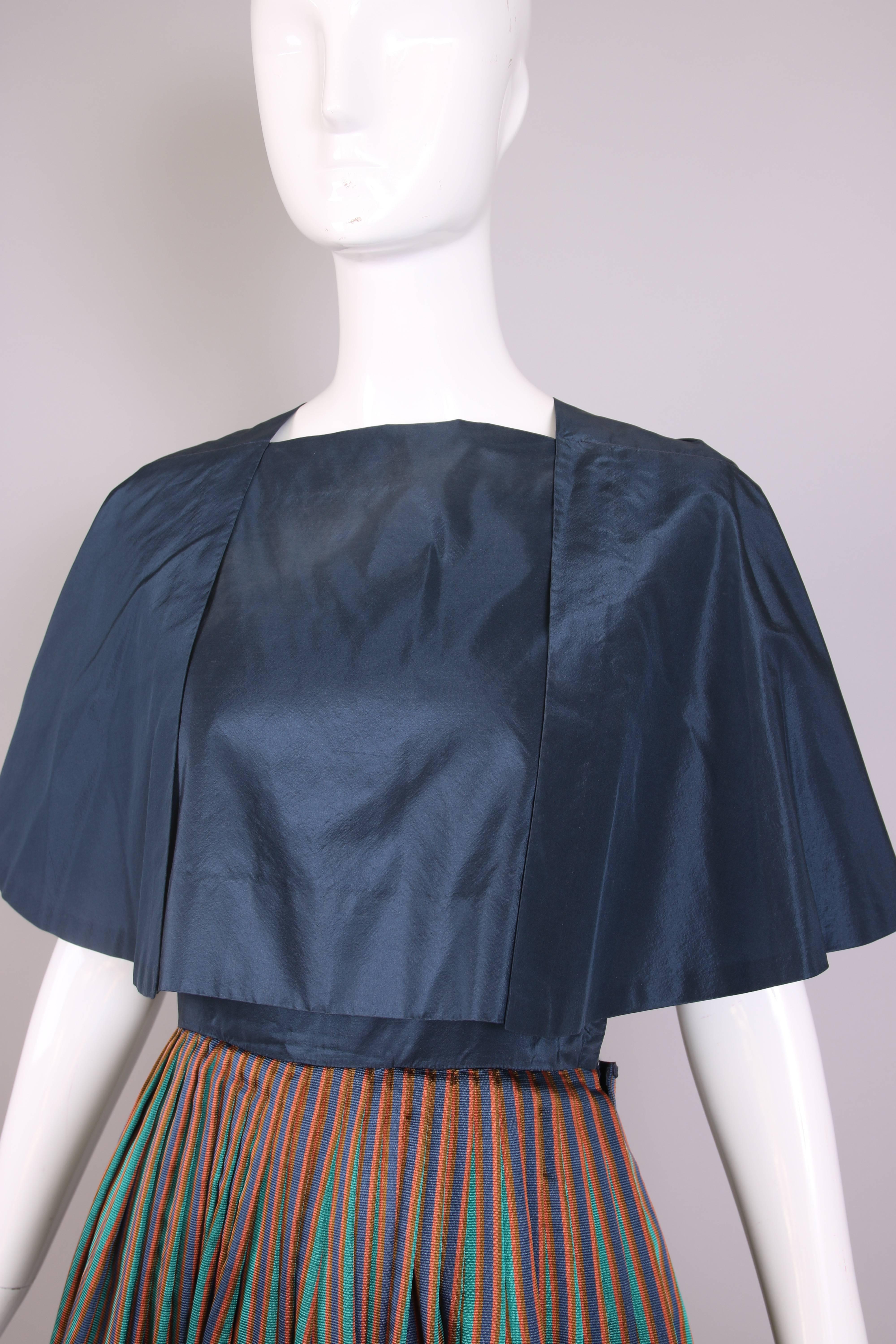 Gray 1983 Madame Gres Haute Couture Blue & Striped Taffeta Cocktail Dress W/Capelet For Sale