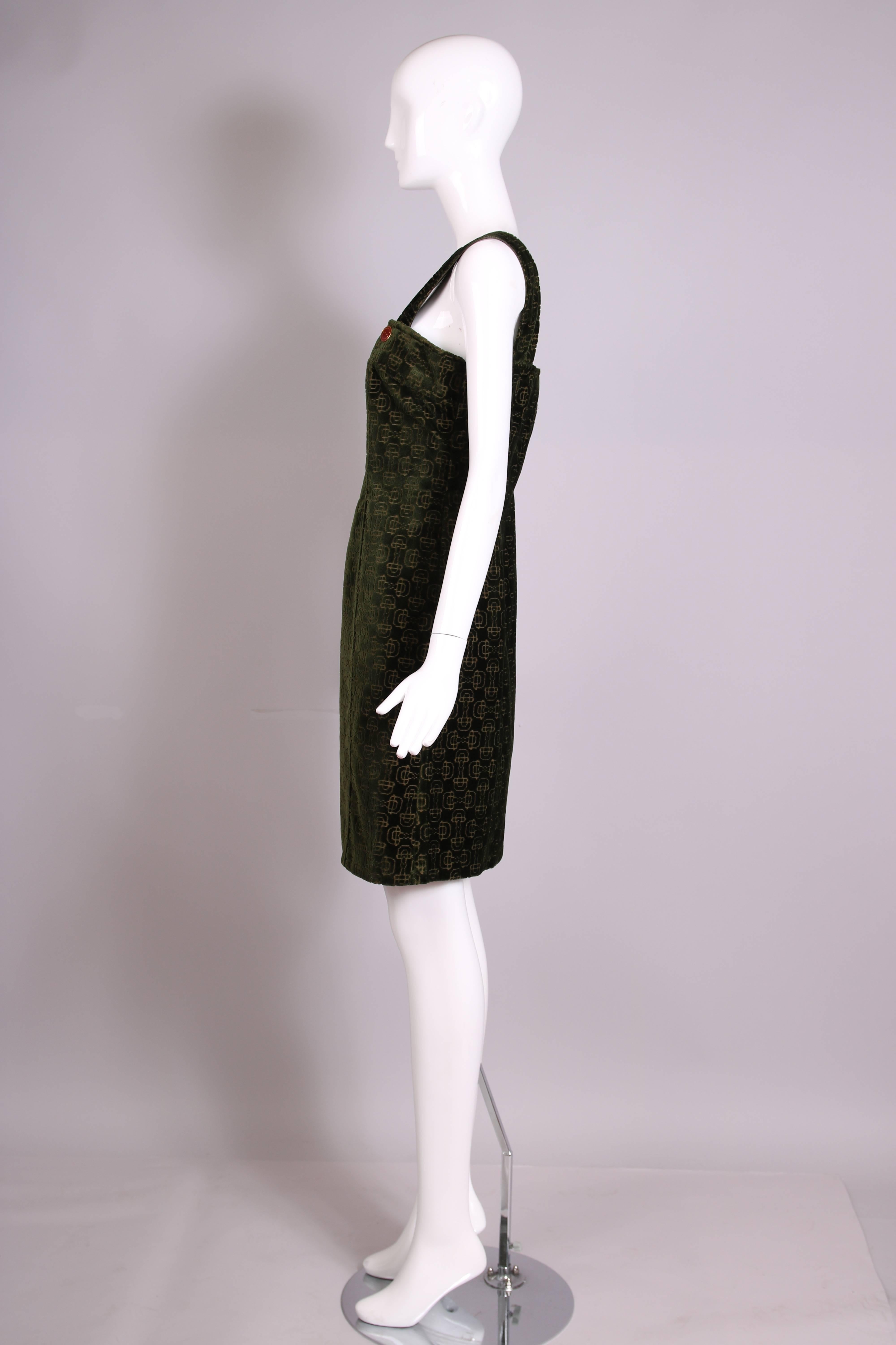 1970's Gucci Green Cut Velvet Horsebit Logo Pattern Jumper Dress  In Excellent Condition In Studio City, CA