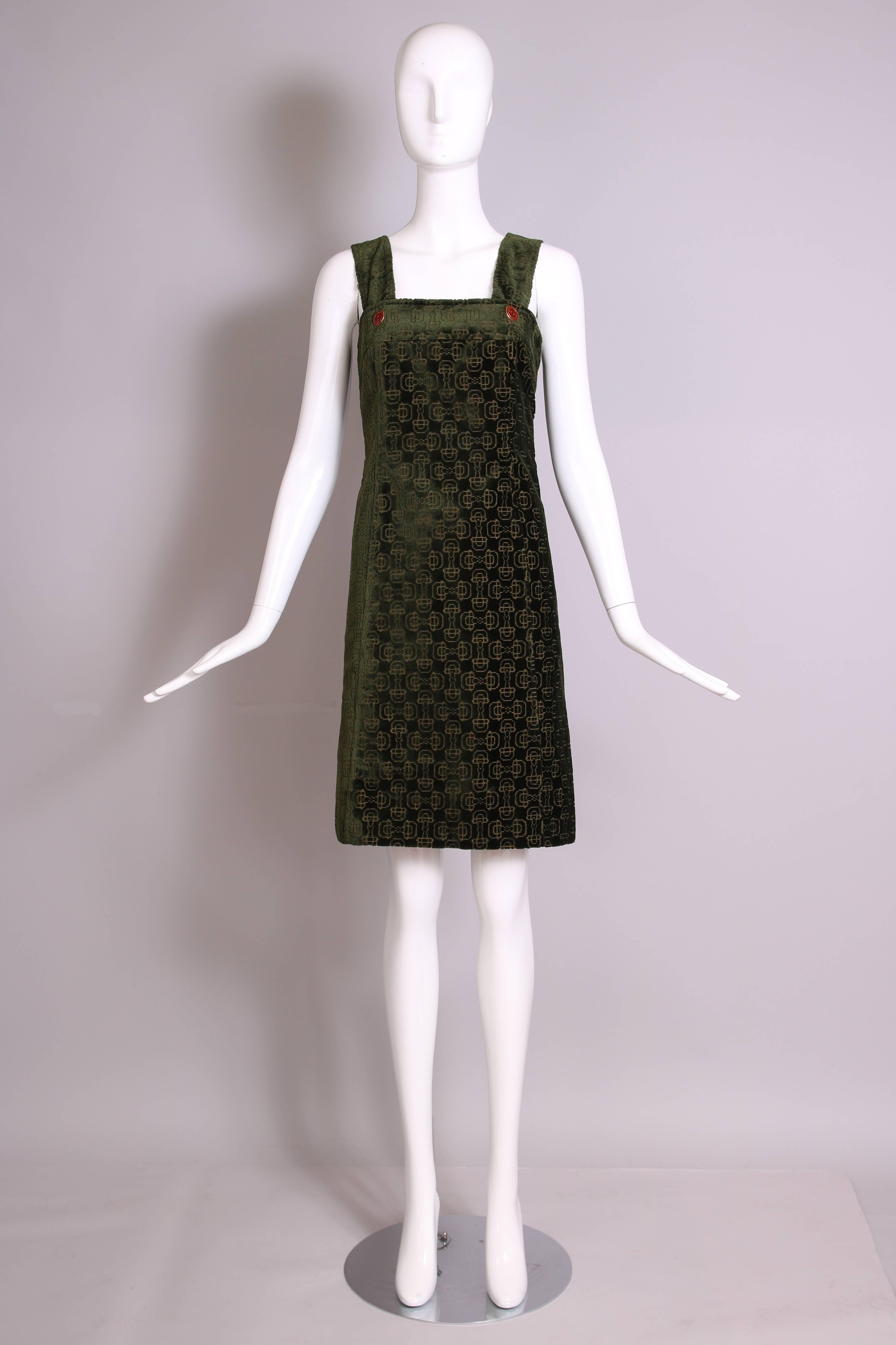 Black 1970's Gucci Green Cut Velvet Horsebit Logo Pattern Jumper Dress 