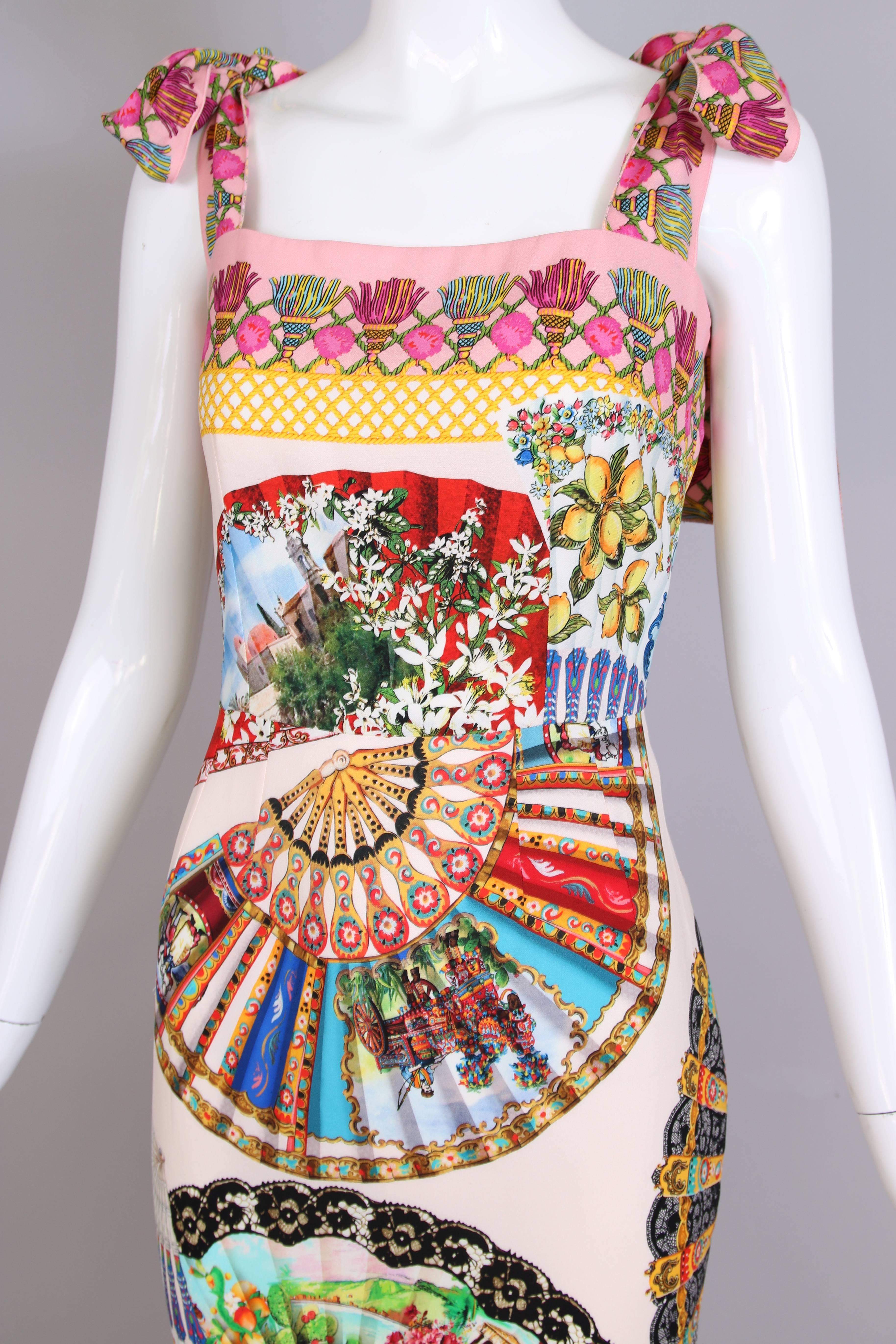 Women's Dolce & Gabbana Fitted Silk Cocktail Dress W/Graphic Fan Print & Trumpet Hem