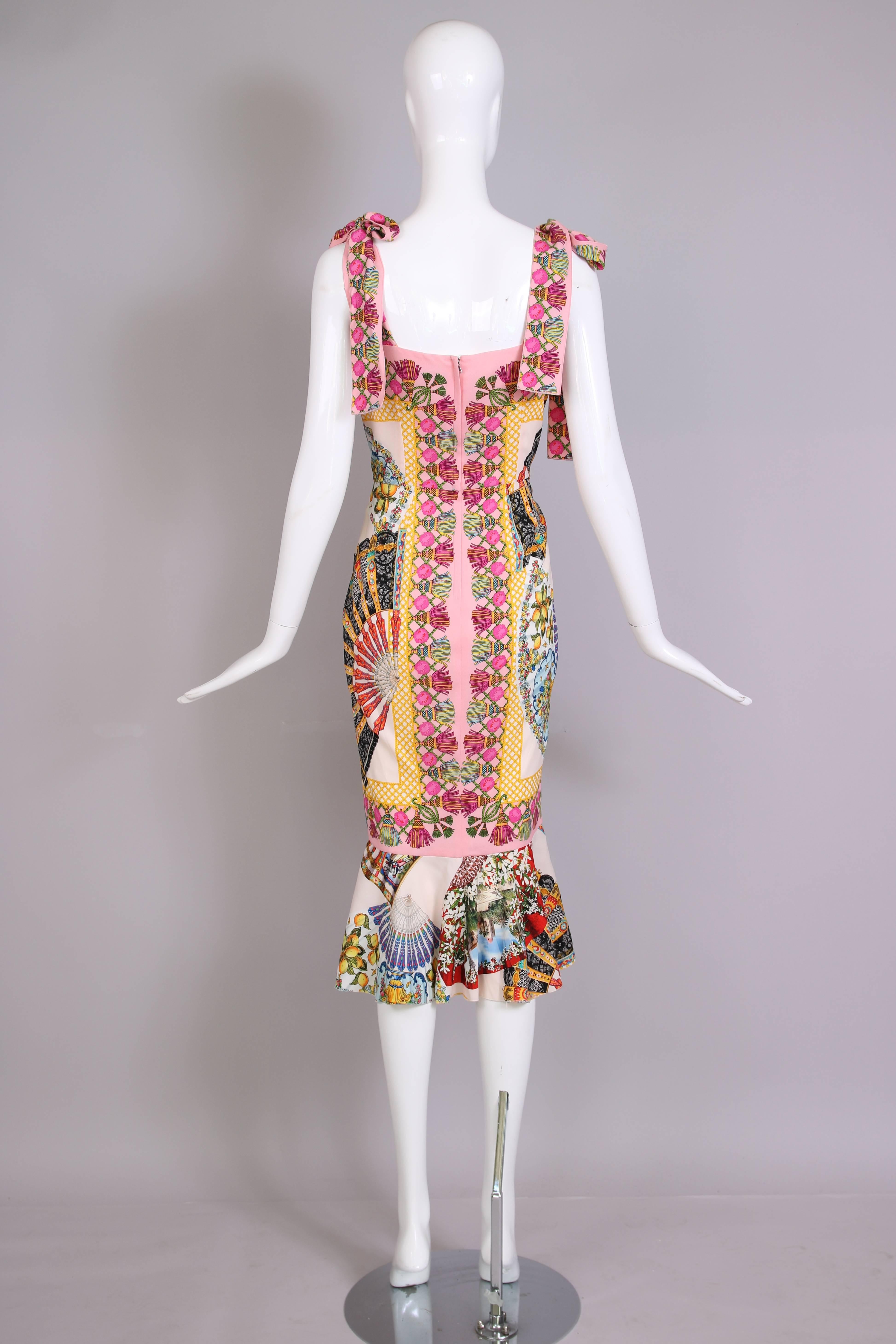 Beige Dolce & Gabbana Fitted Silk Cocktail Dress W/Graphic Fan Print & Trumpet Hem
