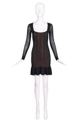 Alaia Black Sheer Stretch Viscose Long Sleeved Mini Dress W/Flounced Hem