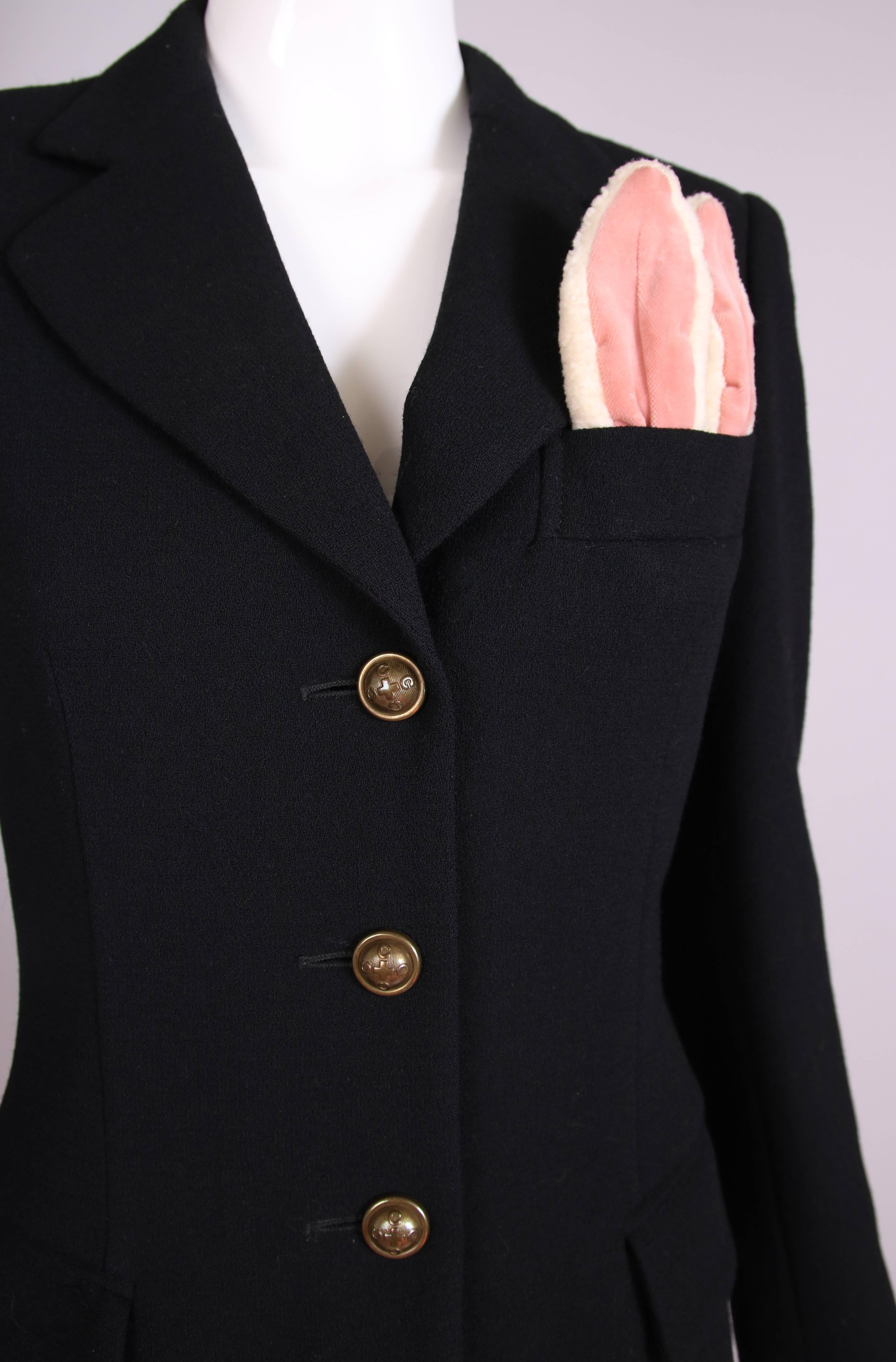 Vintage Moschino Black Wool Blazer Jacket W/Bunny Ears In Top Pocket In Excellent Condition In Studio City, CA