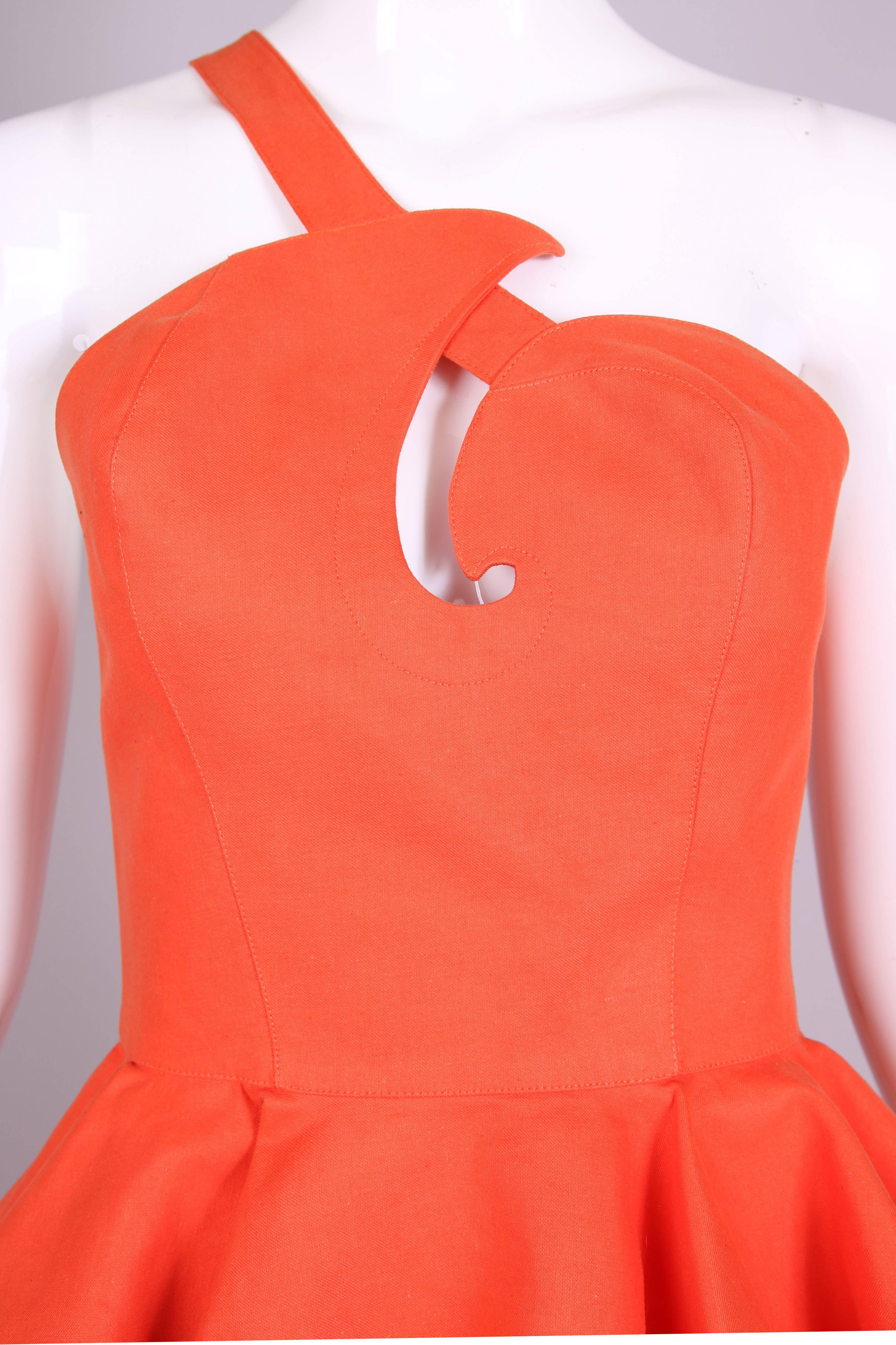 Women's Vintage Thierry Mugler Orange Asymmetric Structured Bustier Top w/Peplum Waist