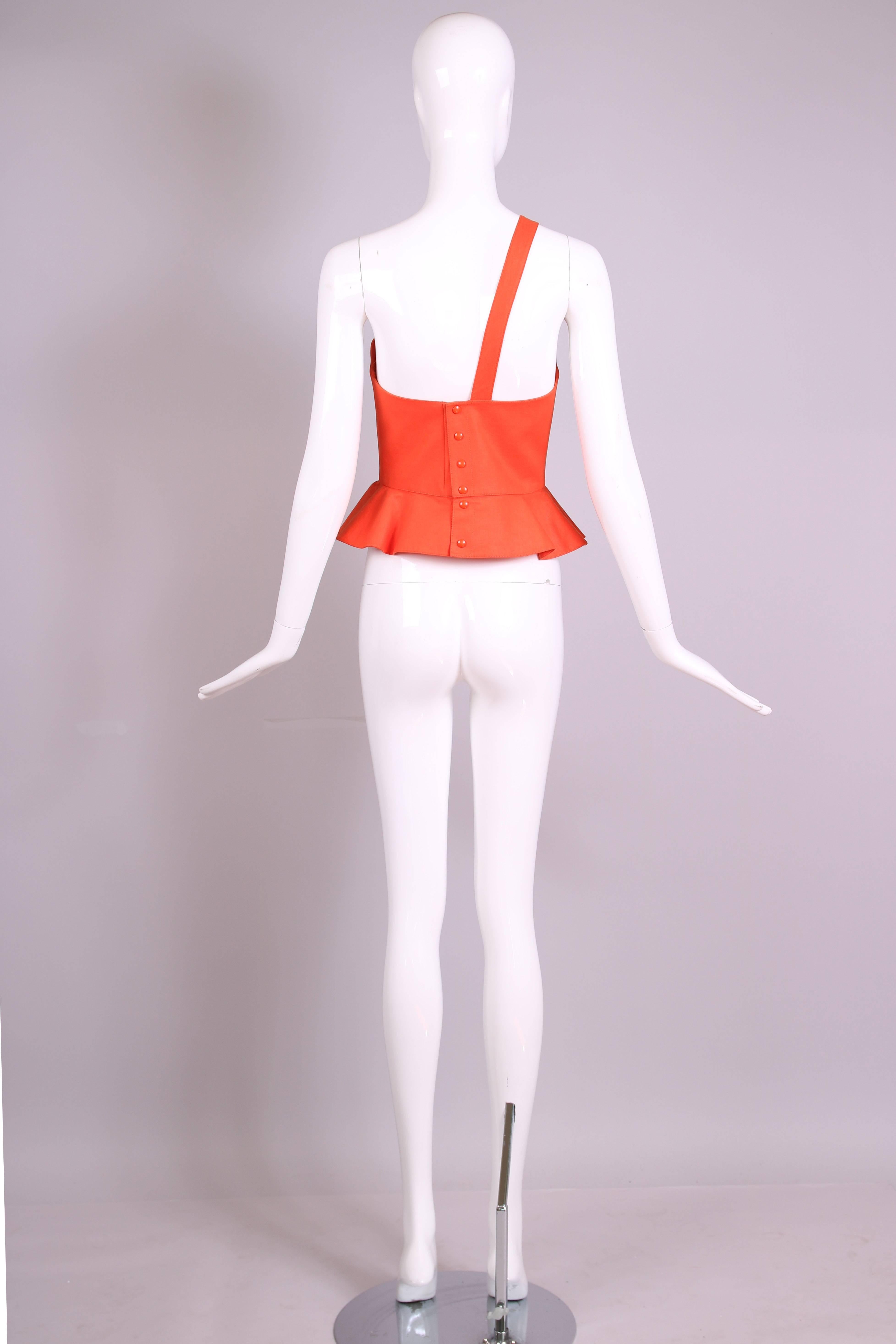 Vintage Thierry Mugler Orange Asymmetric Structured Bustier Top w/Peplum Waist In Excellent Condition In Studio City, CA