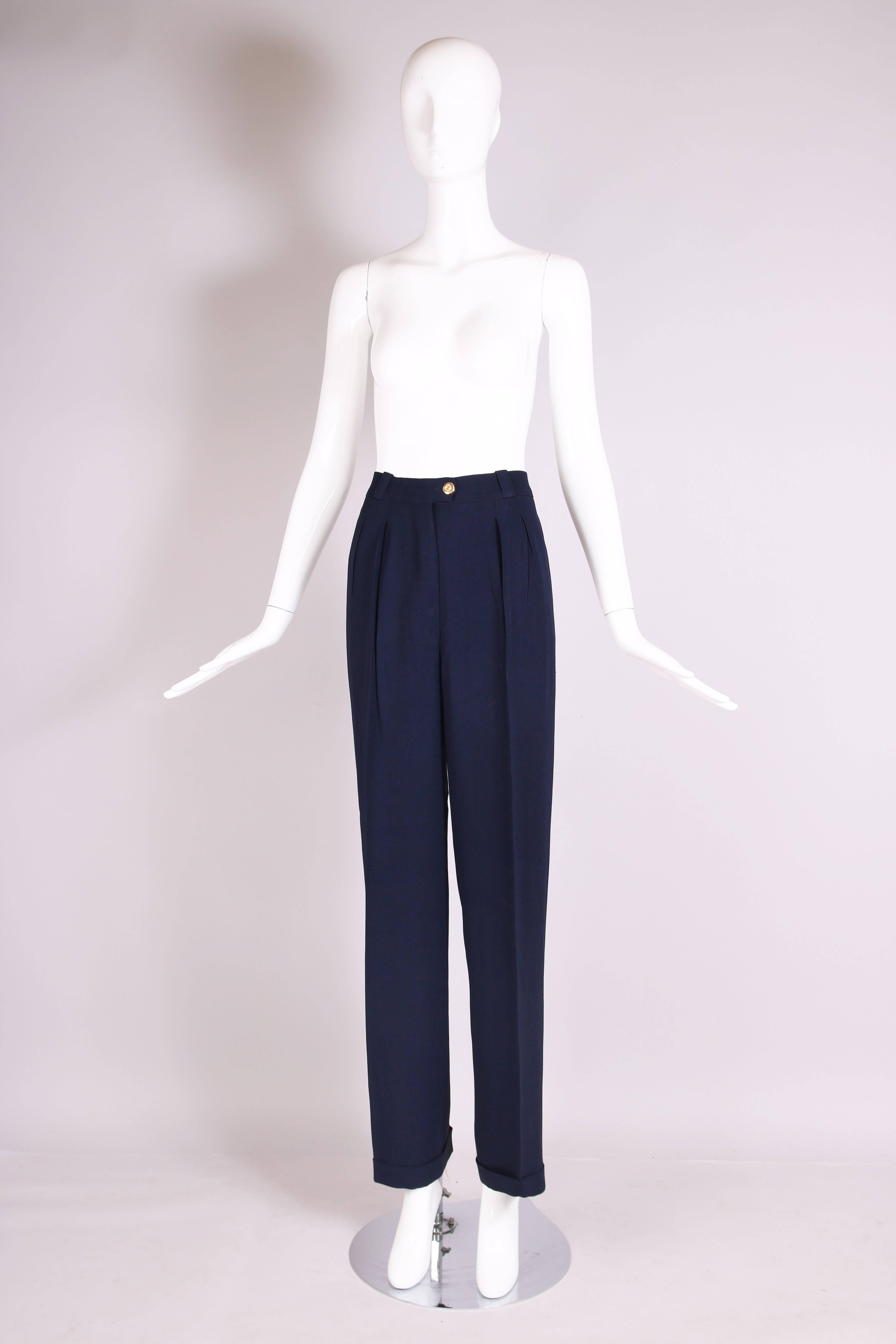 Black Chanel Navy Crepe High-Waist Trousers 