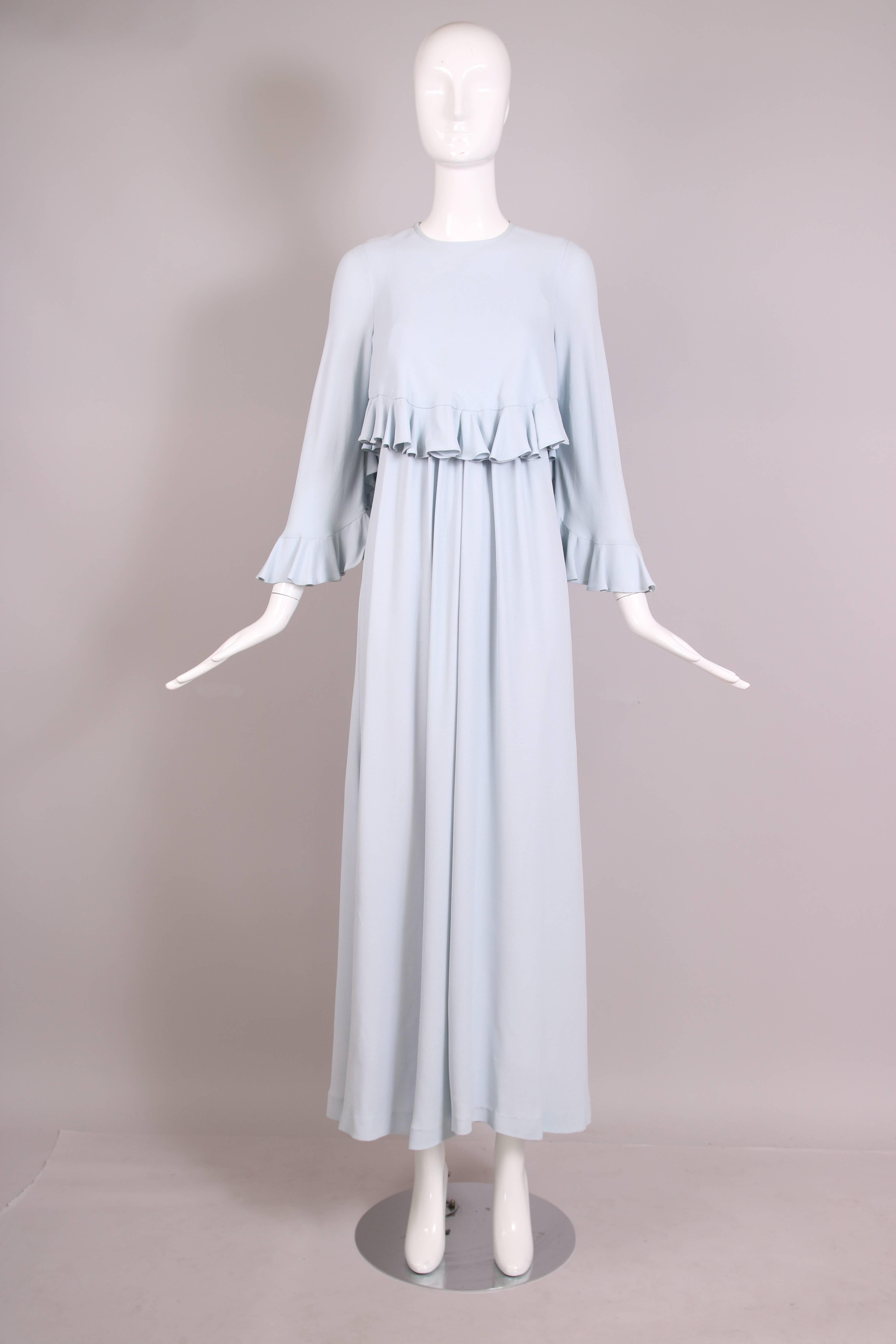 Gray 1970's Gina Fratini Pale Blue Moss Crepe Maxi Dress & Capelet Ensemble