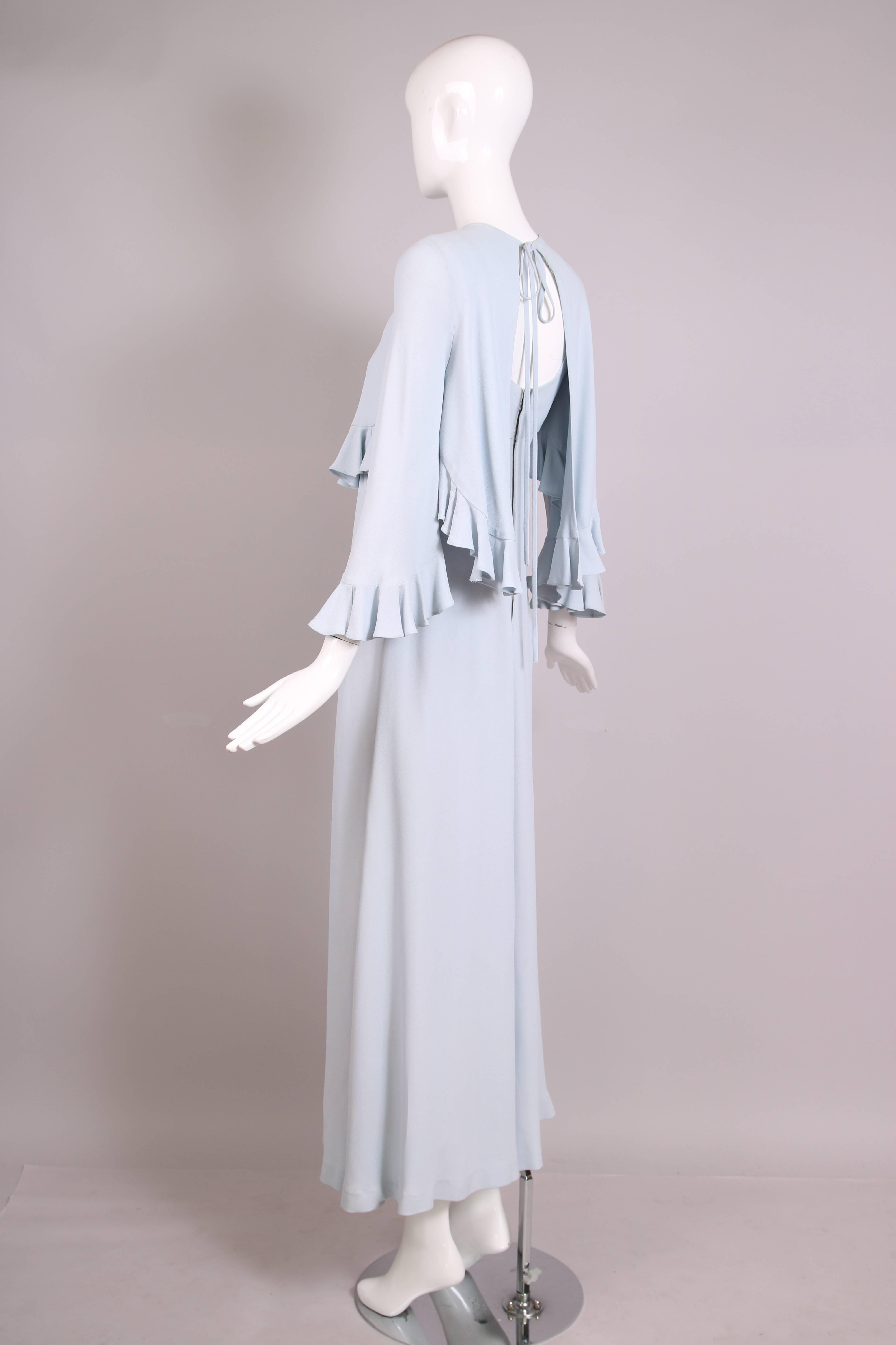 Women's 1970's Gina Fratini Pale Blue Moss Crepe Maxi Dress & Capelet Ensemble