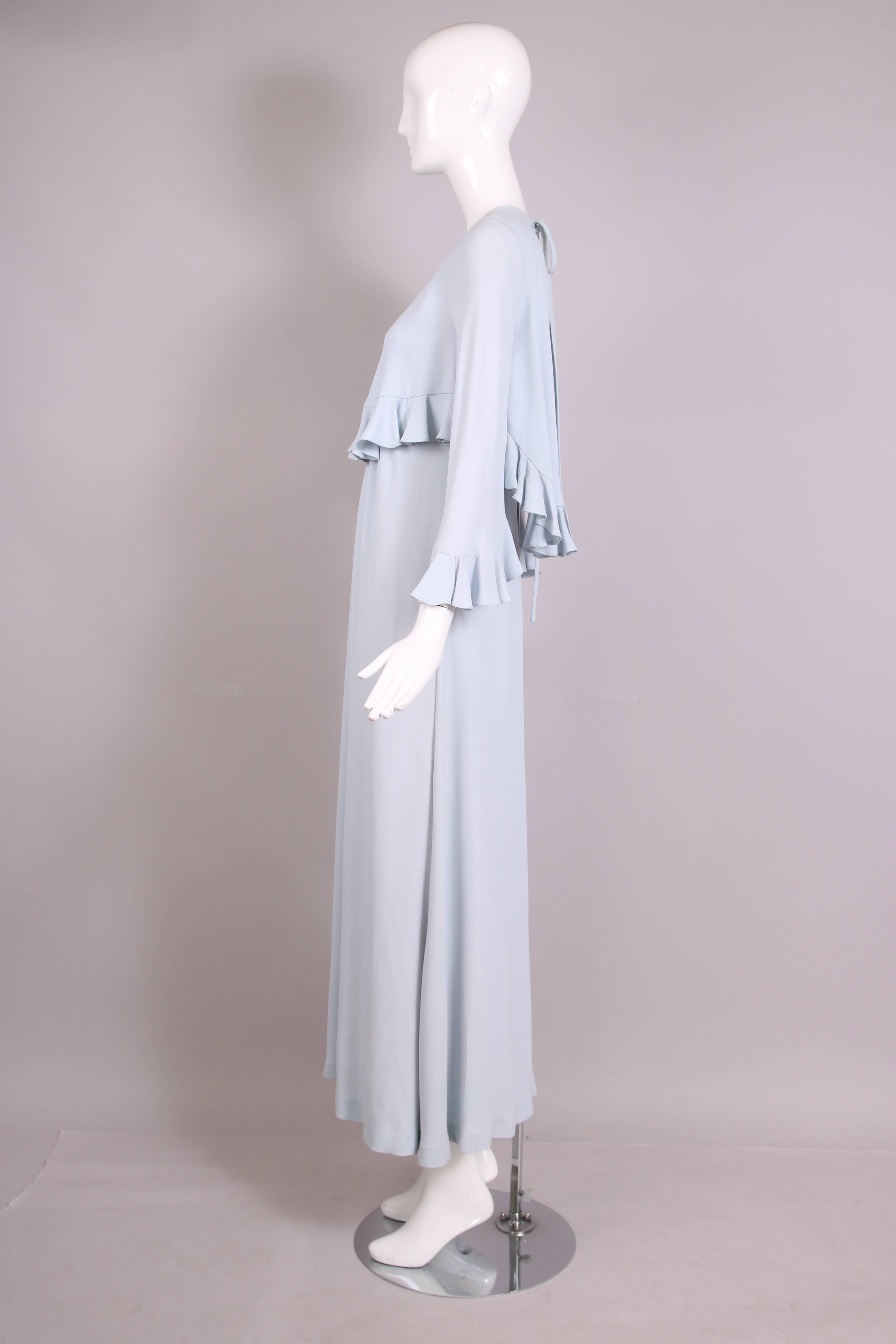 1970's Gina Fratini Pale Blue Moss Crepe Maxi Dress & Capelet Ensemble In Excellent Condition In Studio City, CA