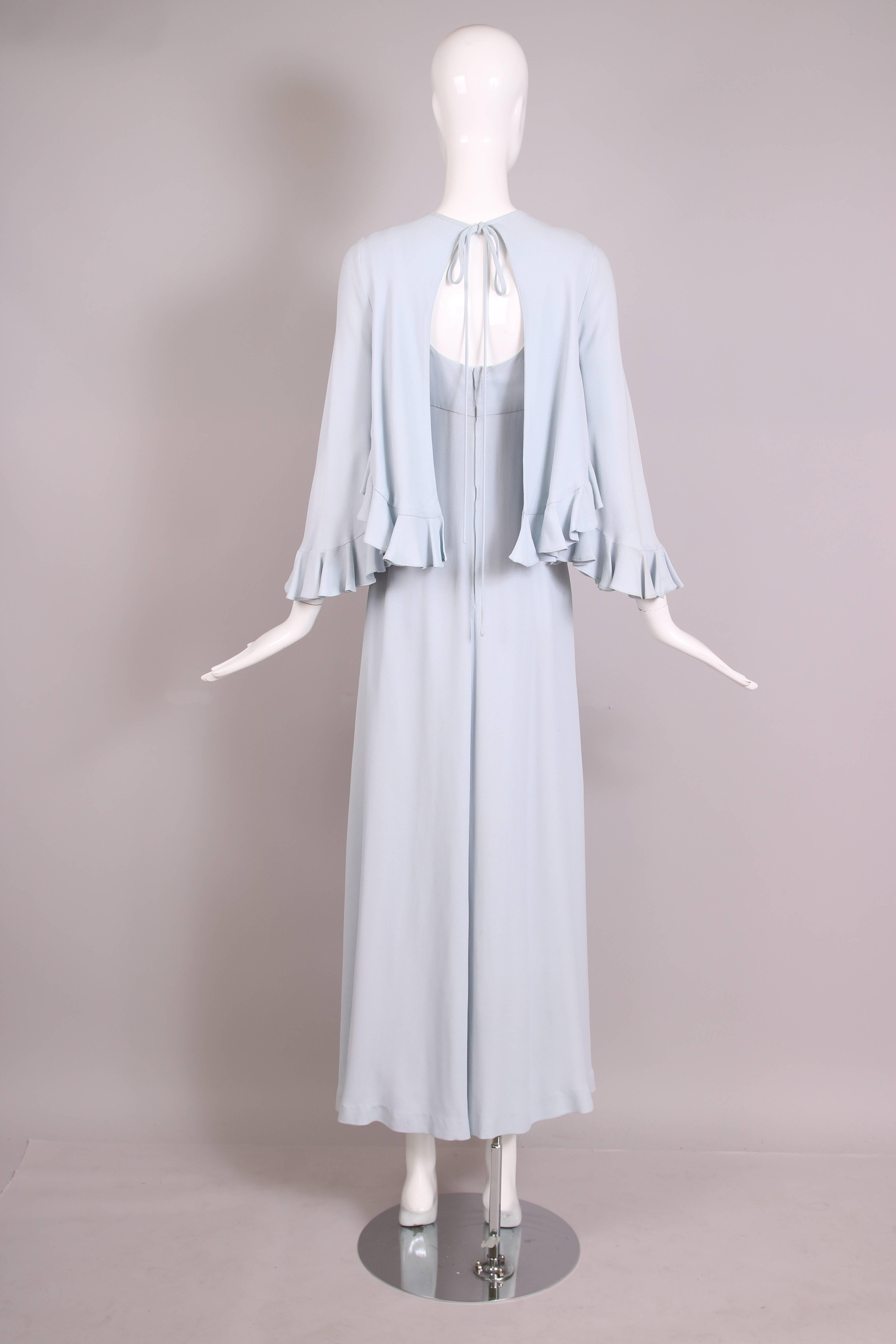 1970's Gina Fratini Pale Blue Moss Crepe Maxi Dress & Capelet Ensemble 1