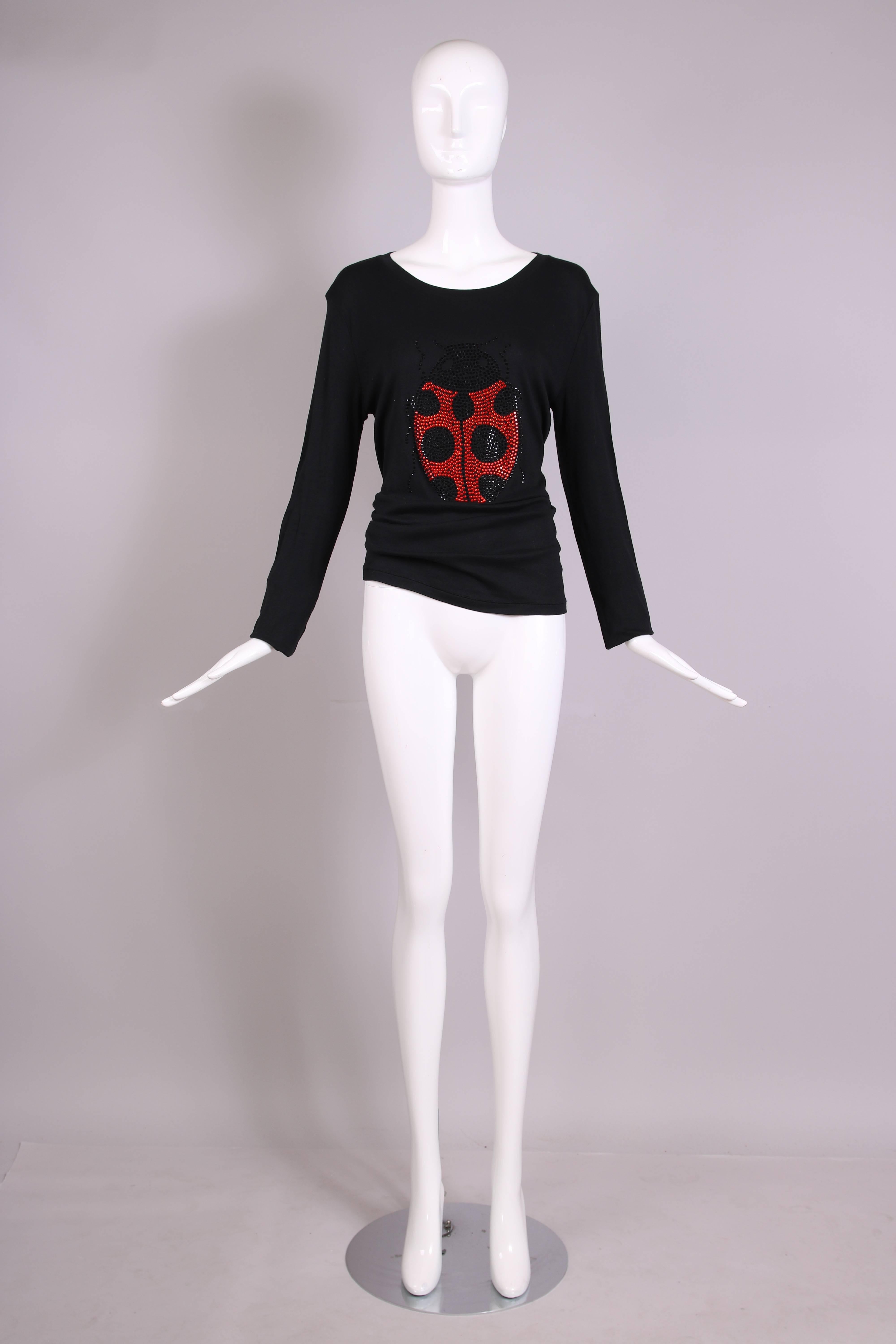 Sonia Rykiel Black Cotton Long Sleeved Shirt Top w/Jeweled Ladybug Design In Excellent Condition In Studio City, CA