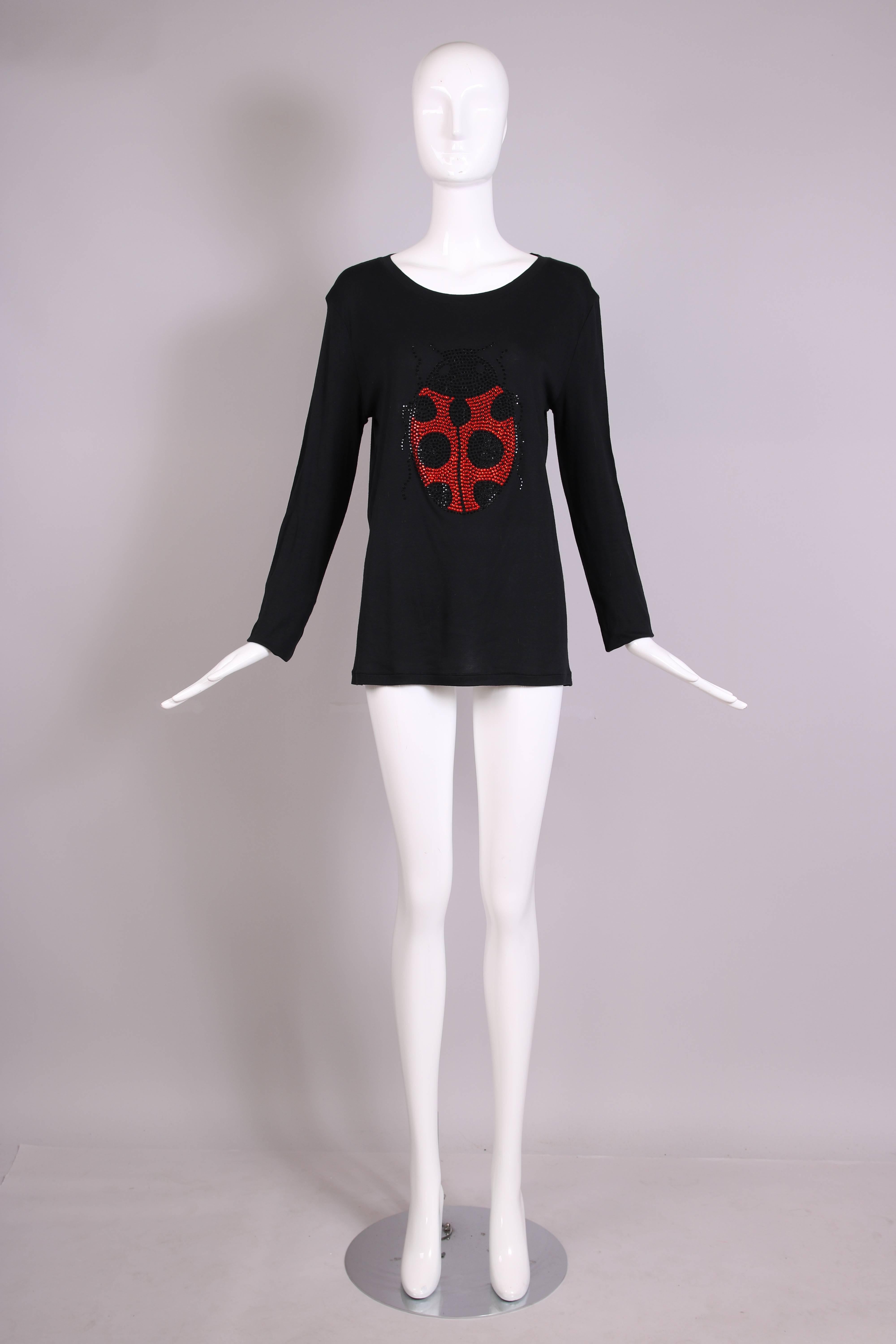 Women's Sonia Rykiel Black Cotton Long Sleeved Shirt Top w/Jeweled Ladybug Design