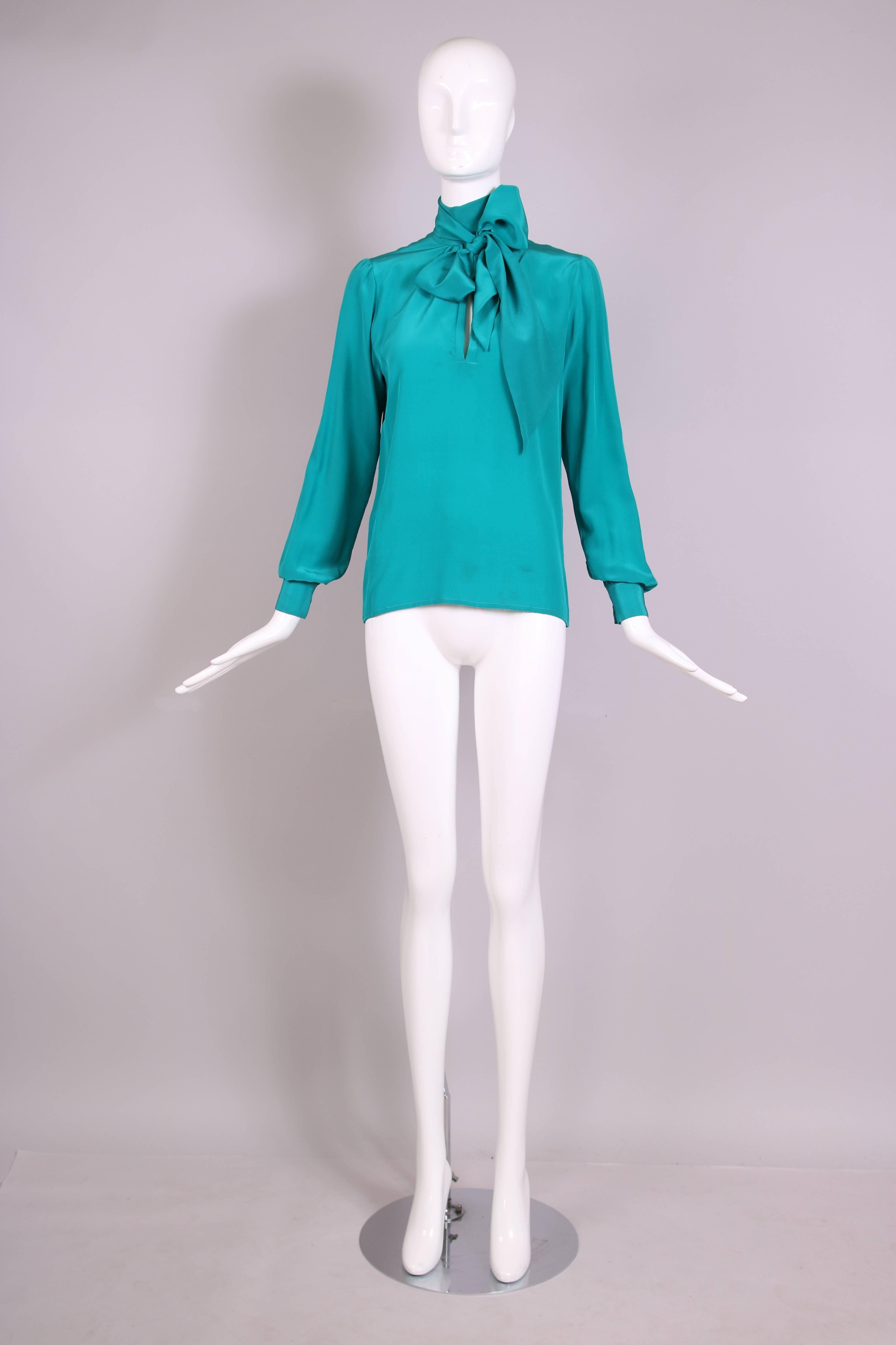 Vintage Yves Saint Laurent Blue Green Silk Blouse w/Pussy Bow at Neck In Excellent Condition In Studio City, CA
