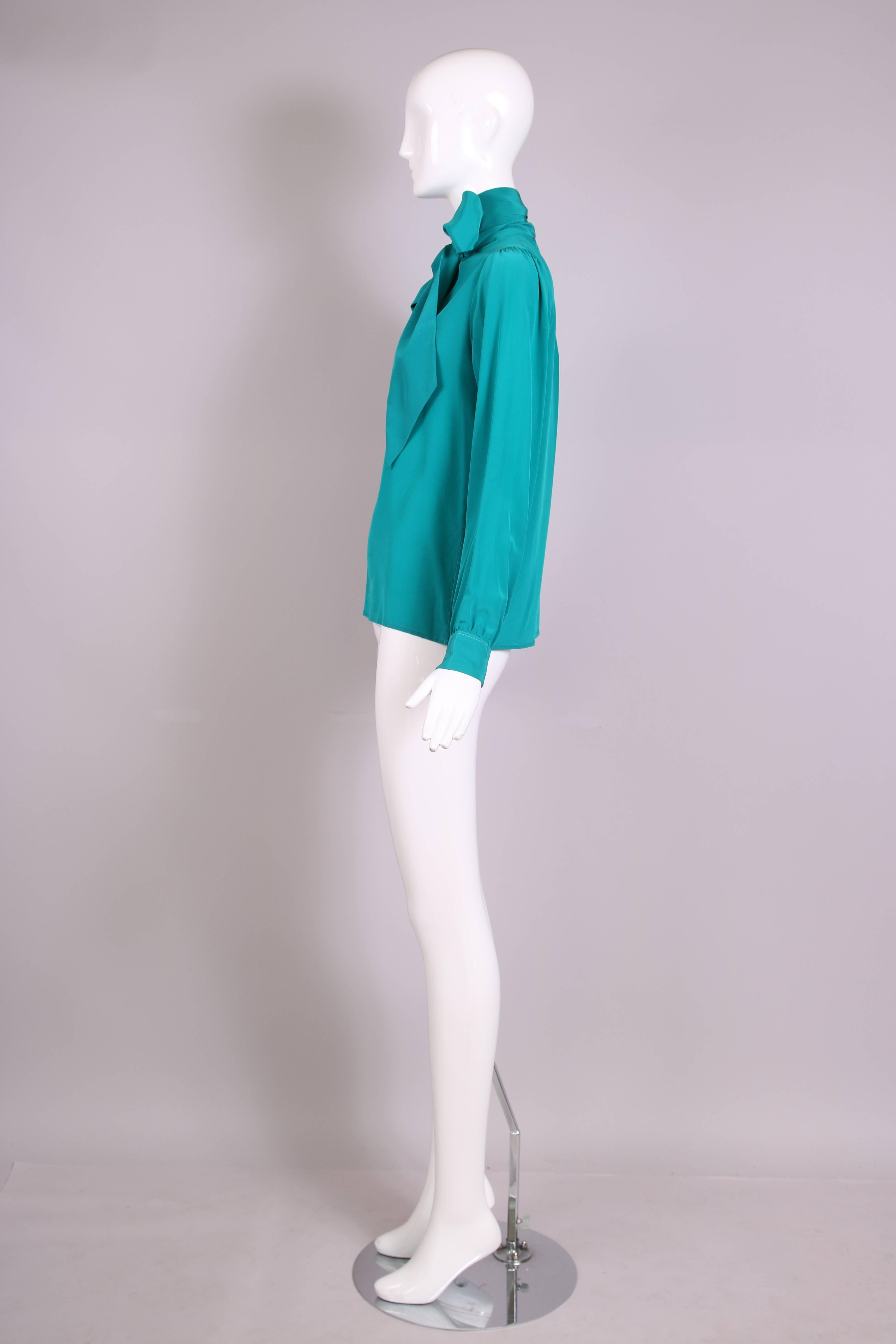 Women's Vintage Yves Saint Laurent Blue Green Silk Blouse w/Pussy Bow at Neck