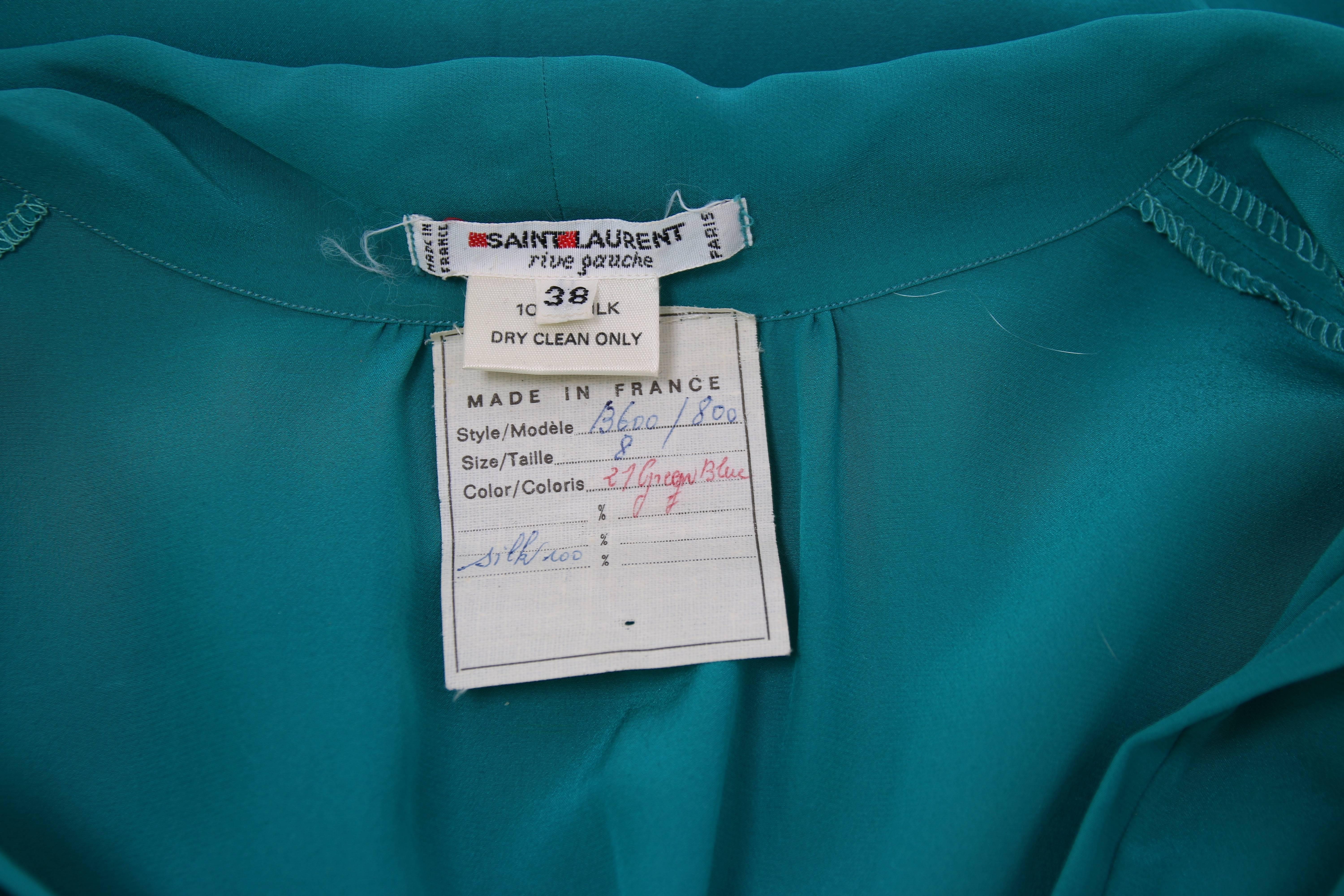 Vintage Yves Saint Laurent Blue Green Silk Blouse w/Pussy Bow at Neck 2