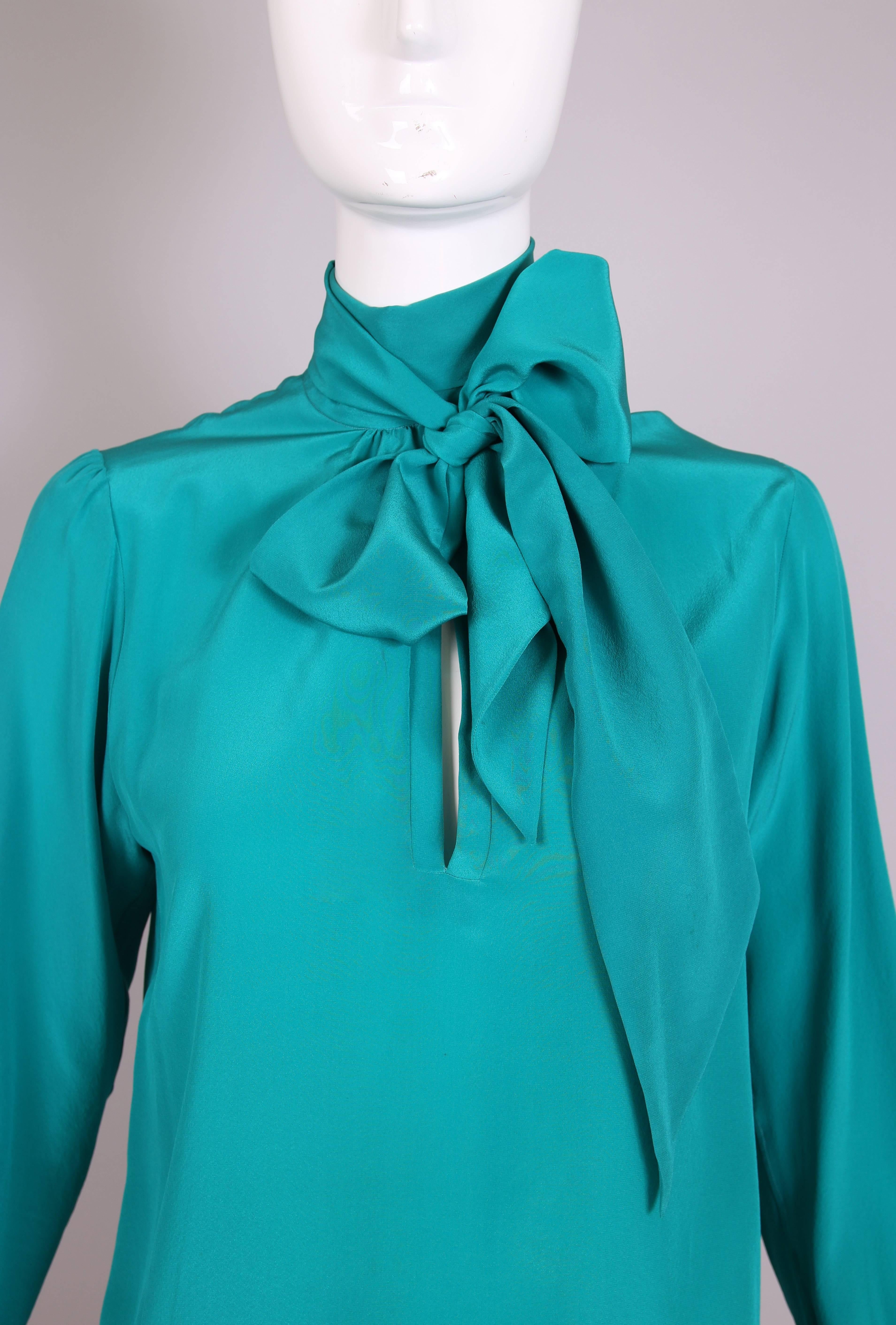 Vintage Yves Saint Laurent Blue Green Silk Blouse w/Pussy Bow at Neck 1
