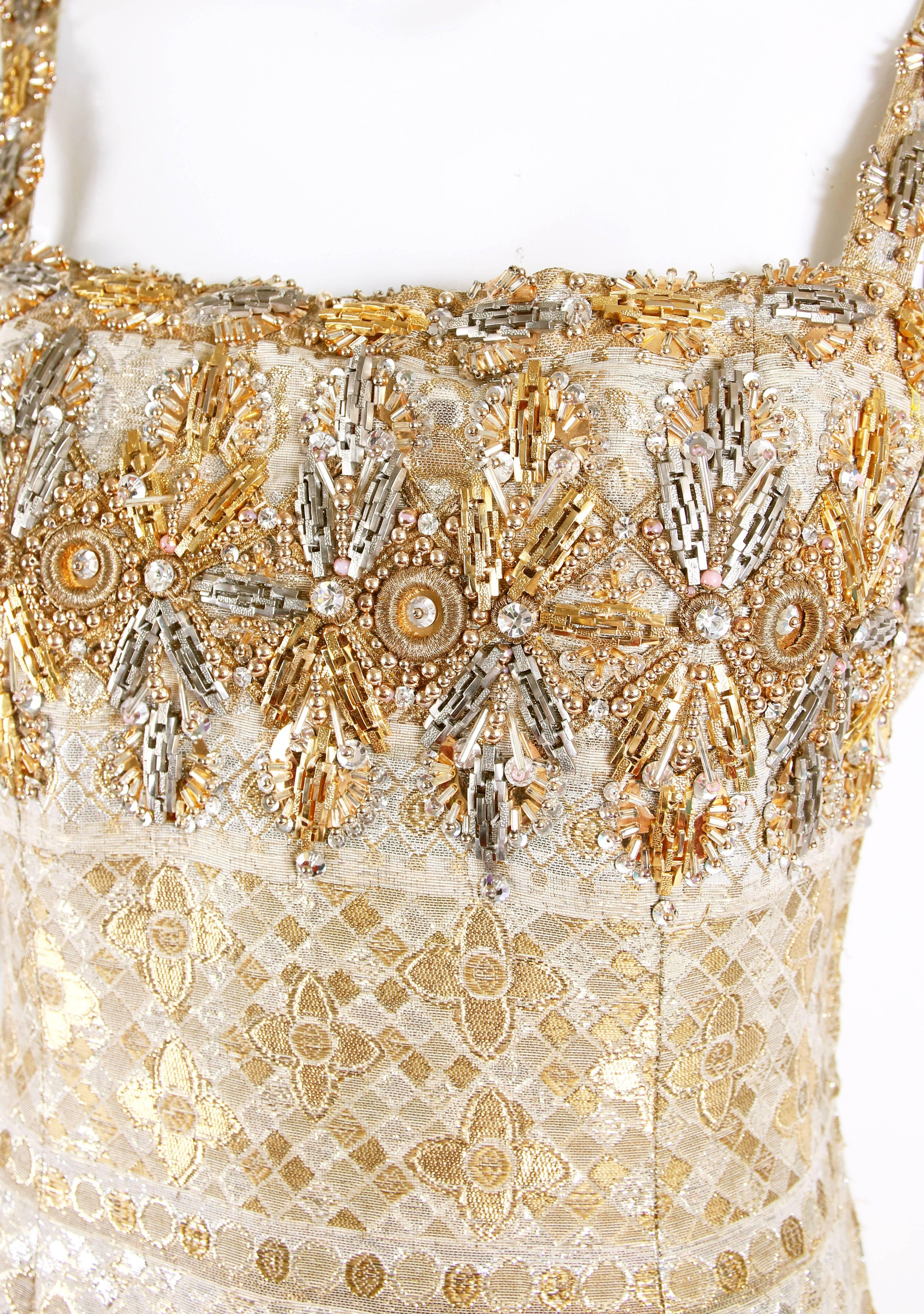 Beige Balmain Haute Couture Evening Gown w/Metallic Embellishments Ca. 1966 No.150688