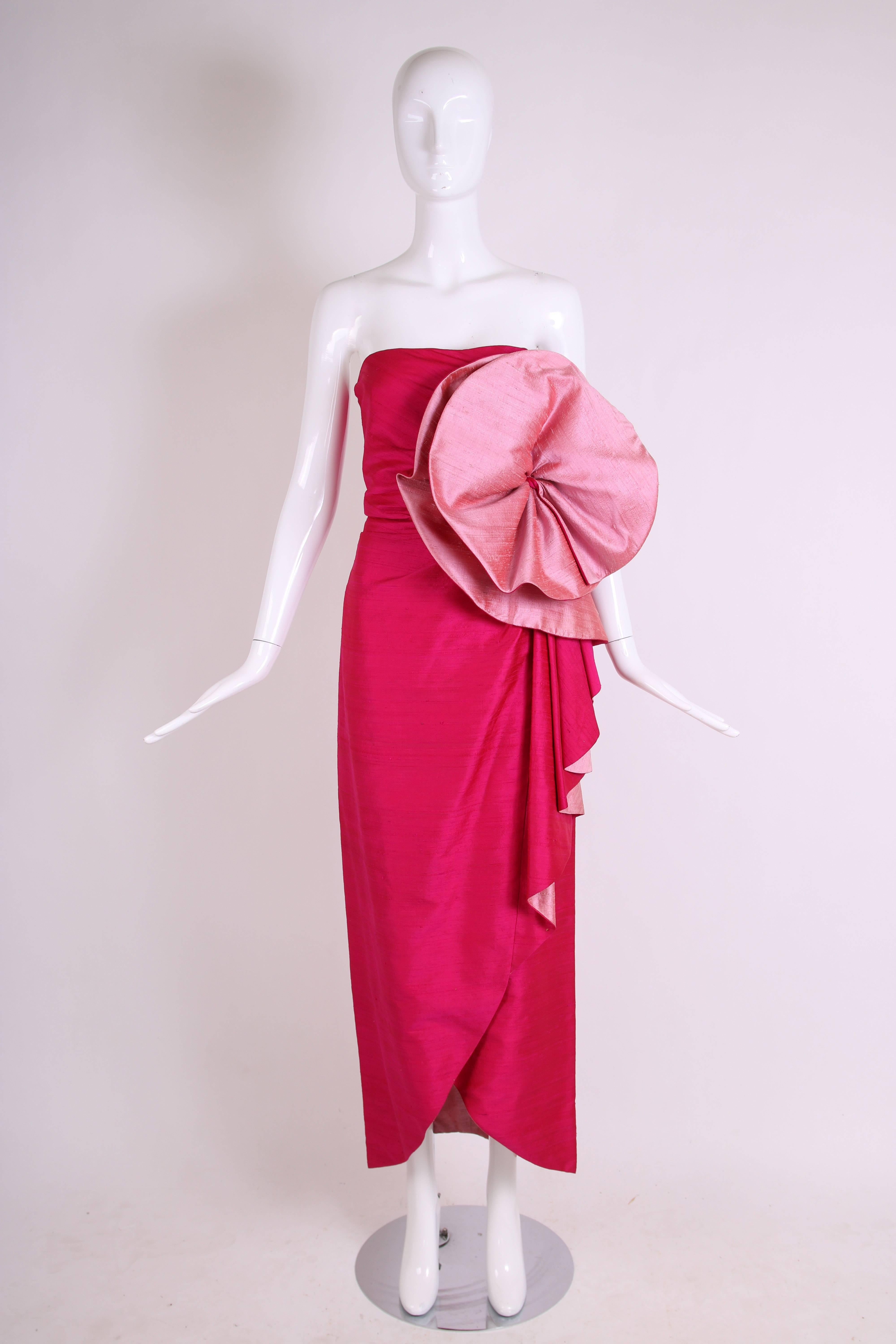 Red Roberto Capucci Fuchsia Silk Evening Gown w/Oversized Rosette & Shawl Ca.1980