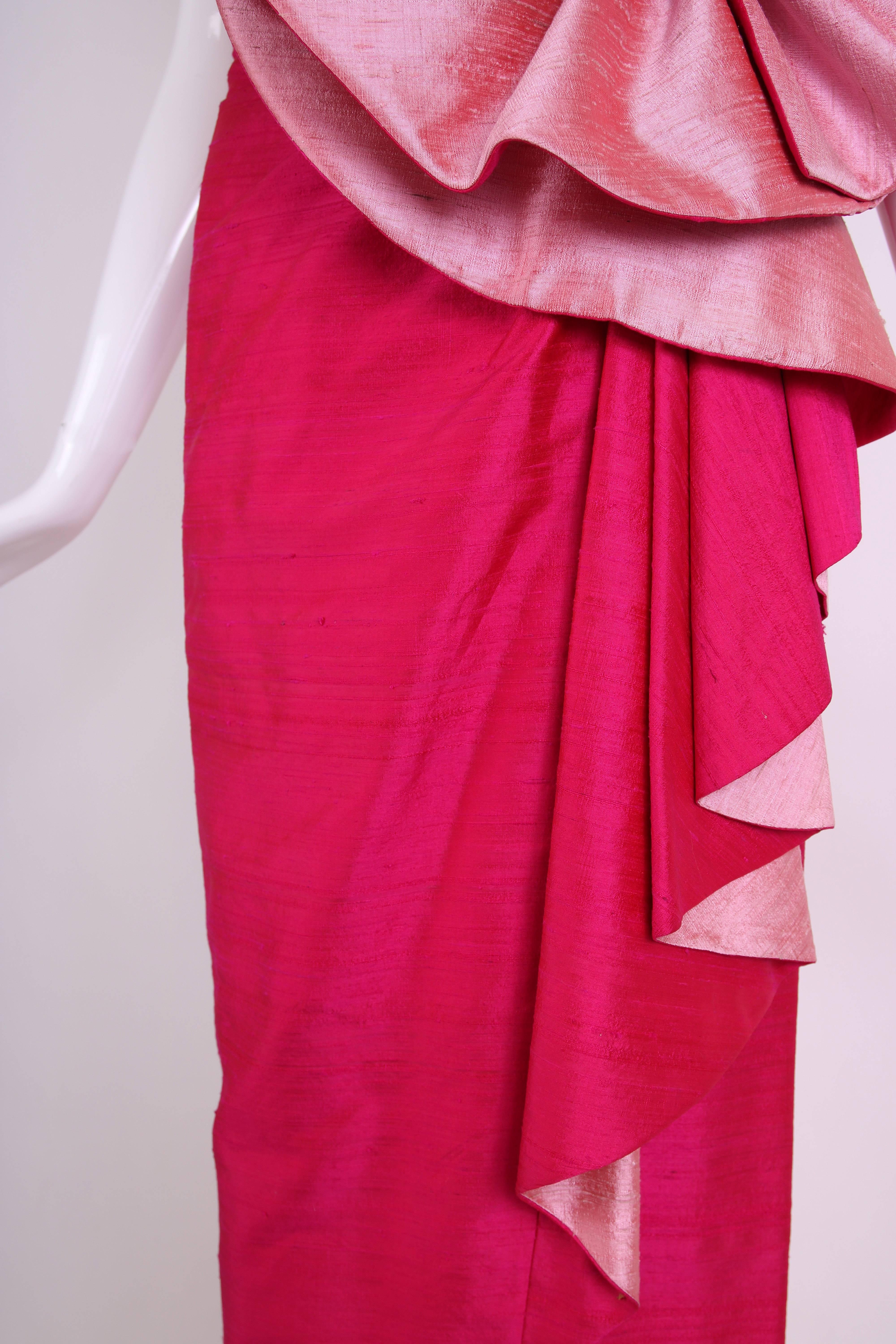 Roberto Capucci Fuchsia Silk Evening Gown w/Oversized Rosette & Shawl Ca.1980 2